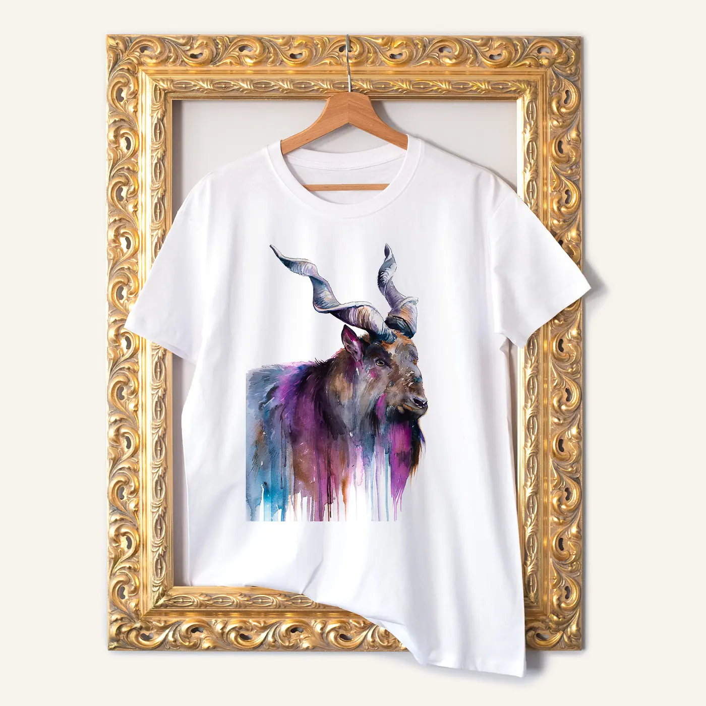 White t-shirt with a watercolour markhor wild goat print