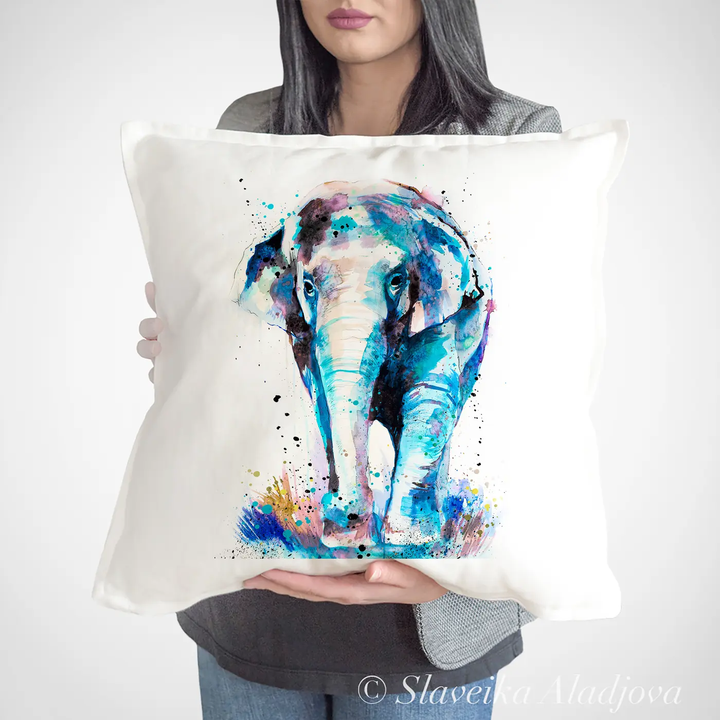 Cushion with a watercolour asian elephant print
