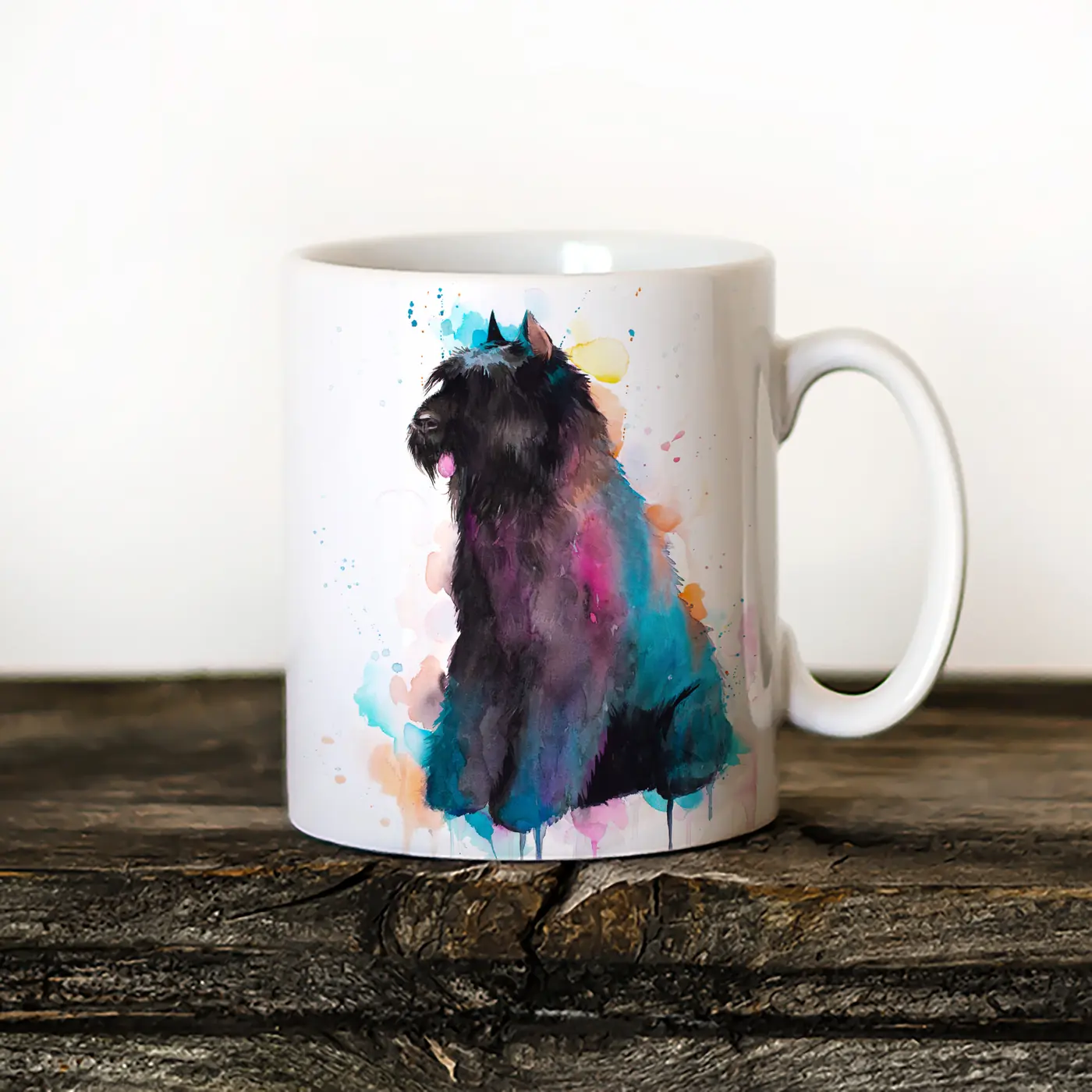 Ceramic mug with a watercolour bouvier des flandres print
