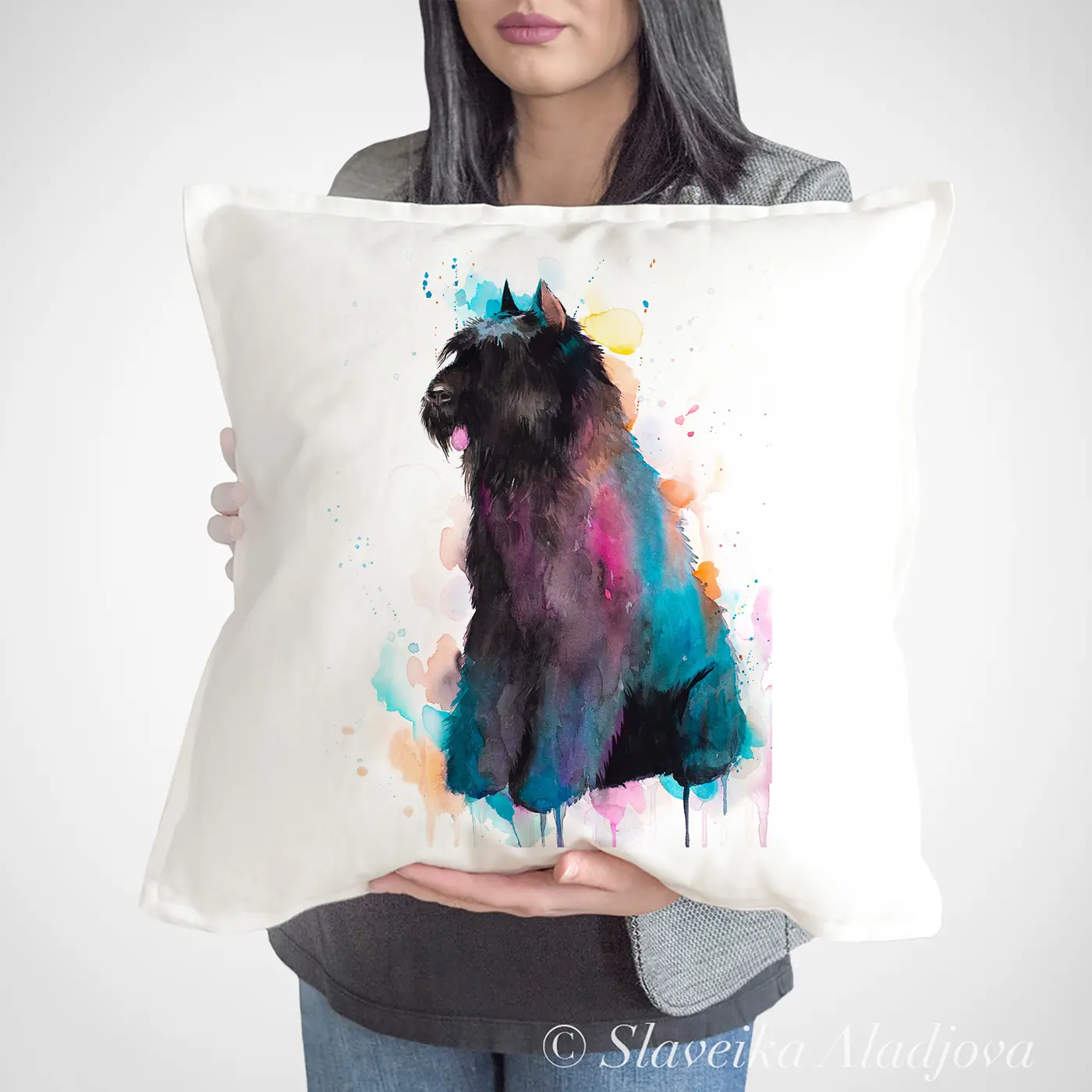 Cushion with a watercolour bouvier des flandres print