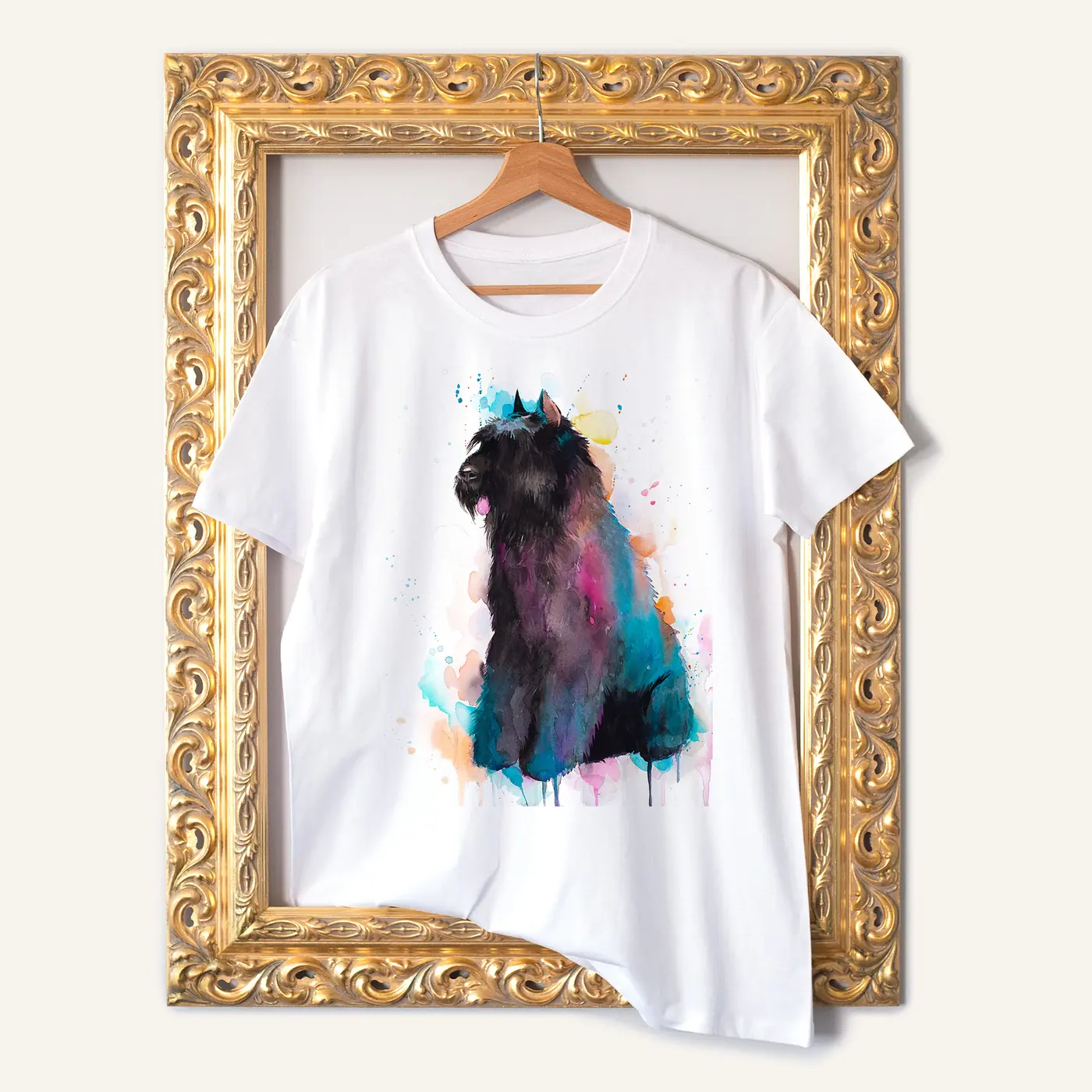 White t-shirt with a watercolour bouvier des flandres print