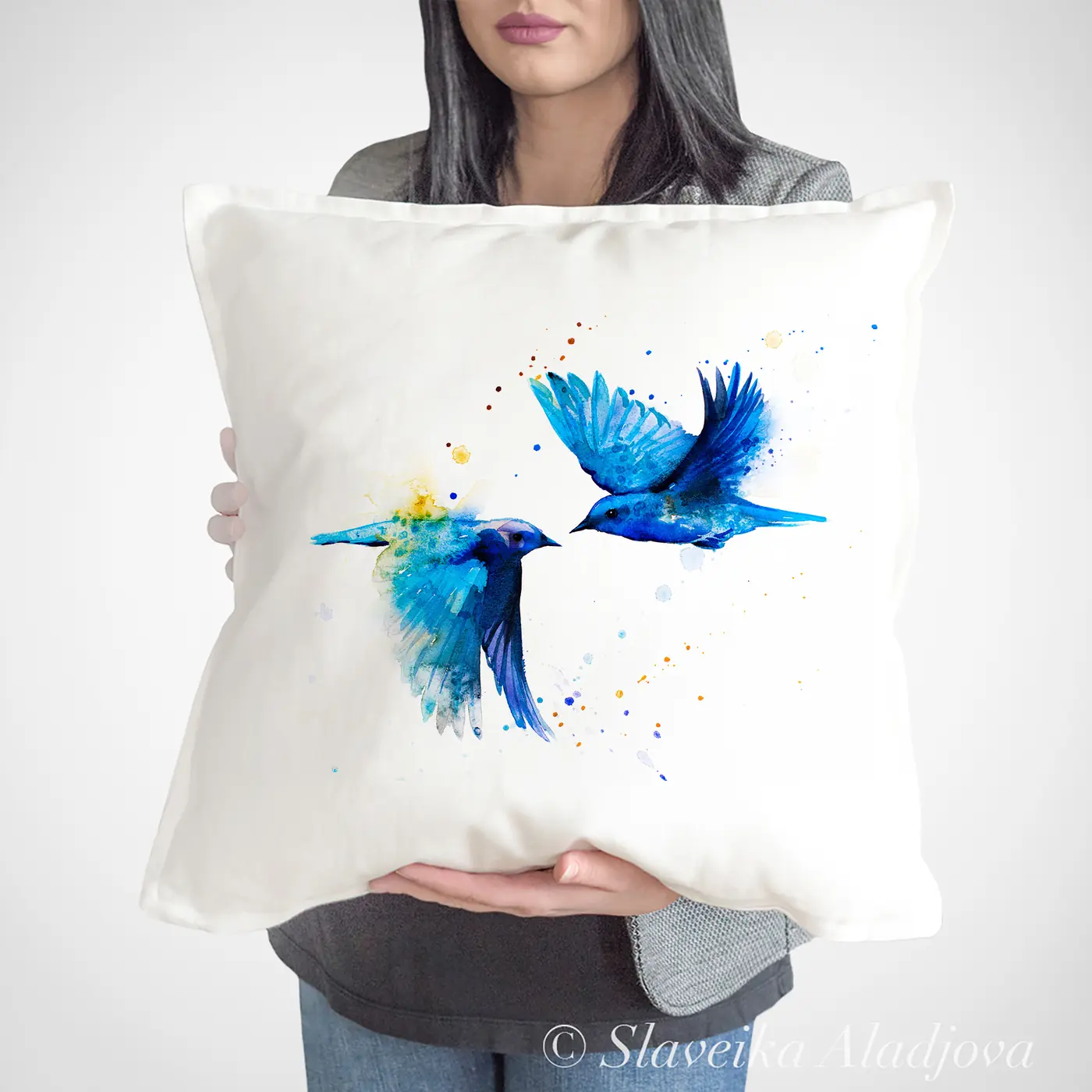 Cushion with a watercolour bluebirds print