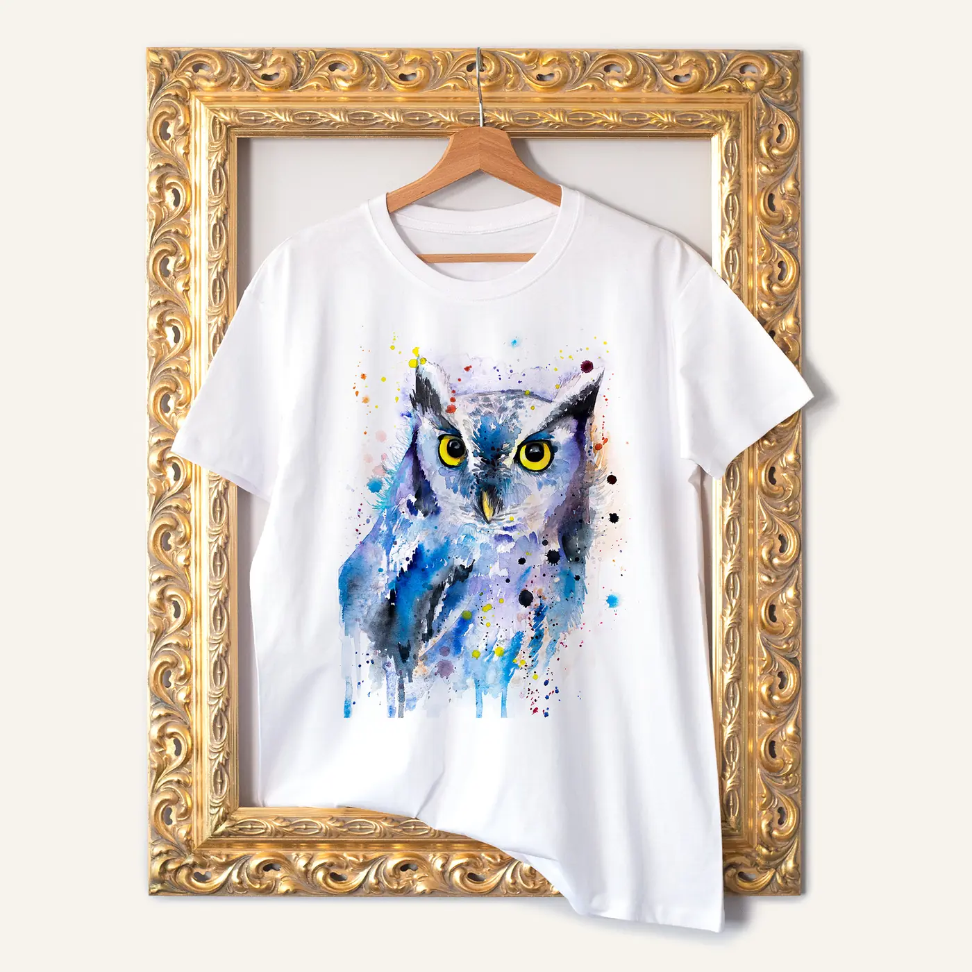 White t-shirt with a watercolour scops owl print