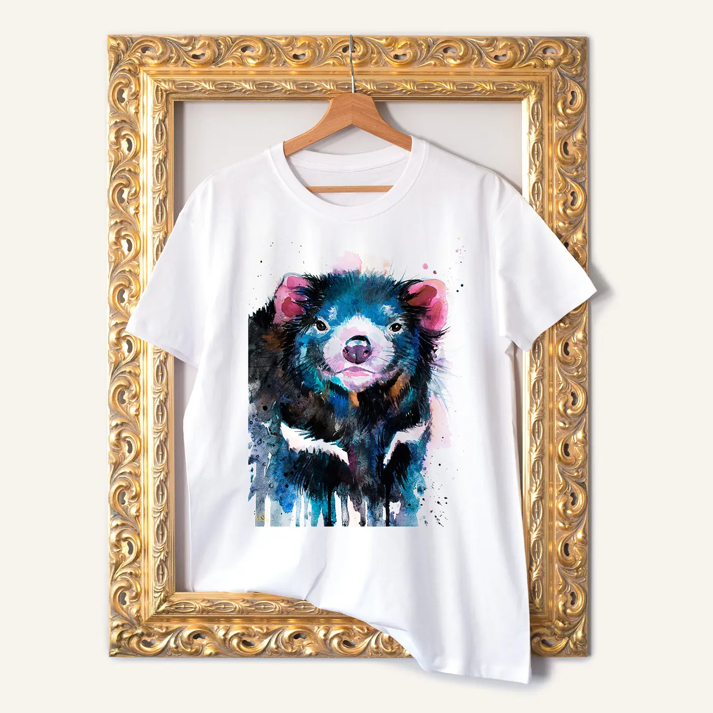 White t-shirt with a watercolour tasmanian devil print