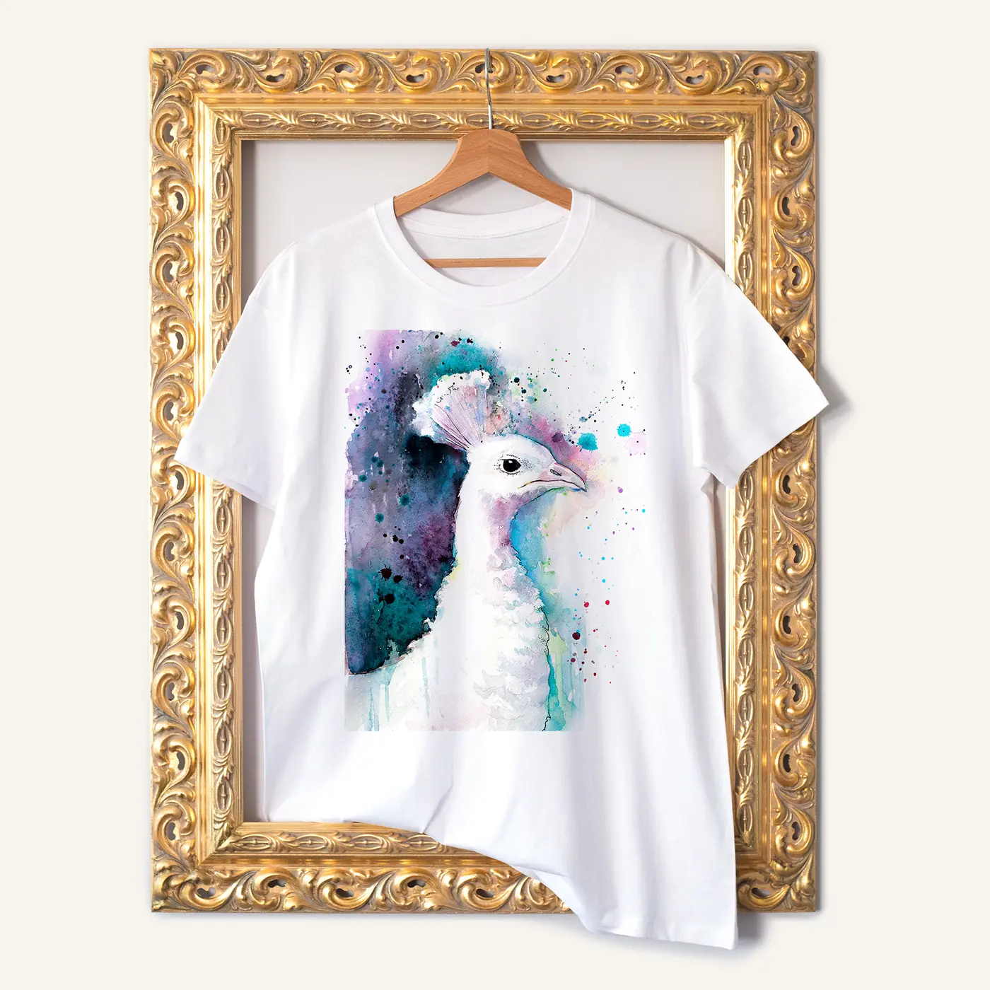 White t-shirt with a watercolour white peacock print