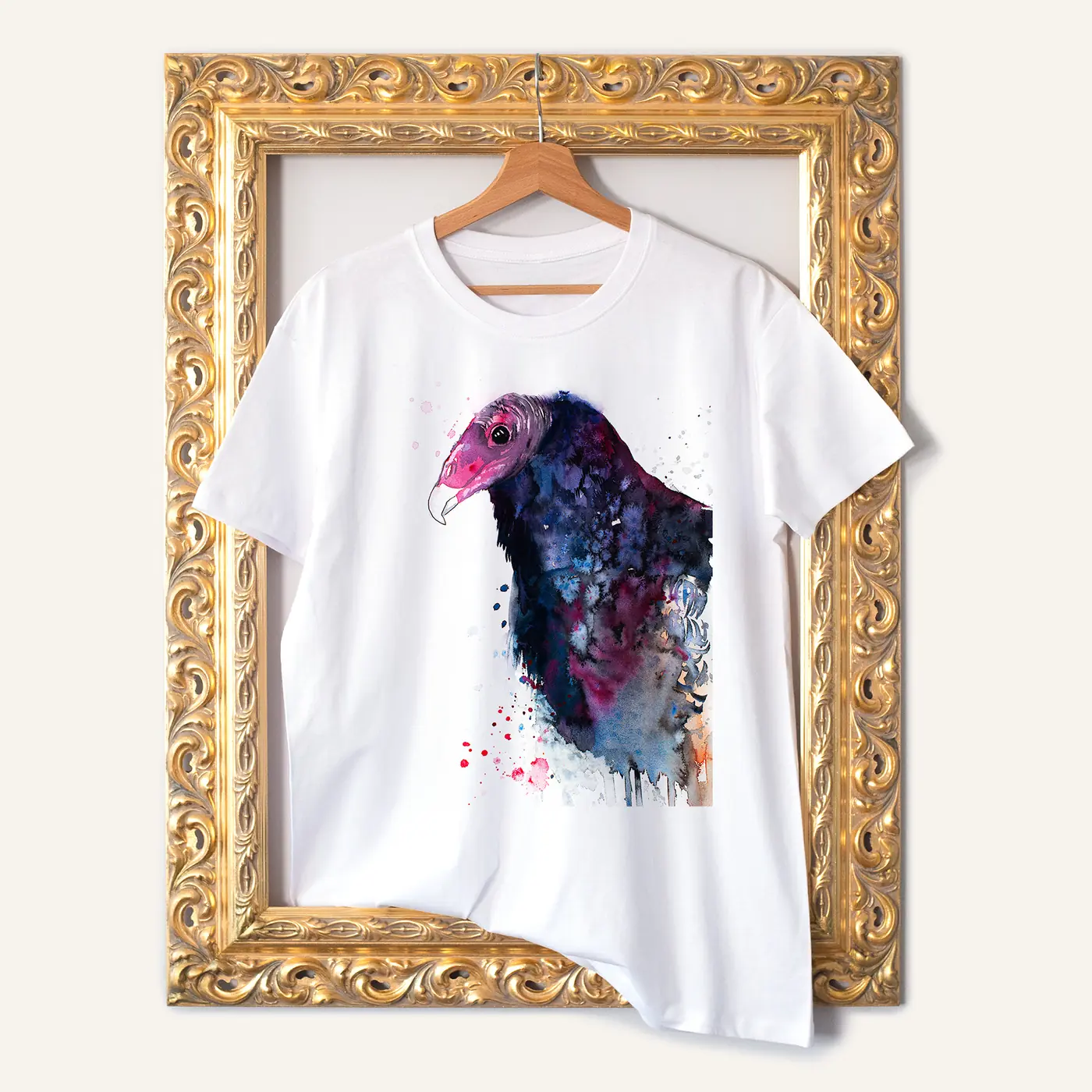 White t-shirt with a watercolour vulture print
