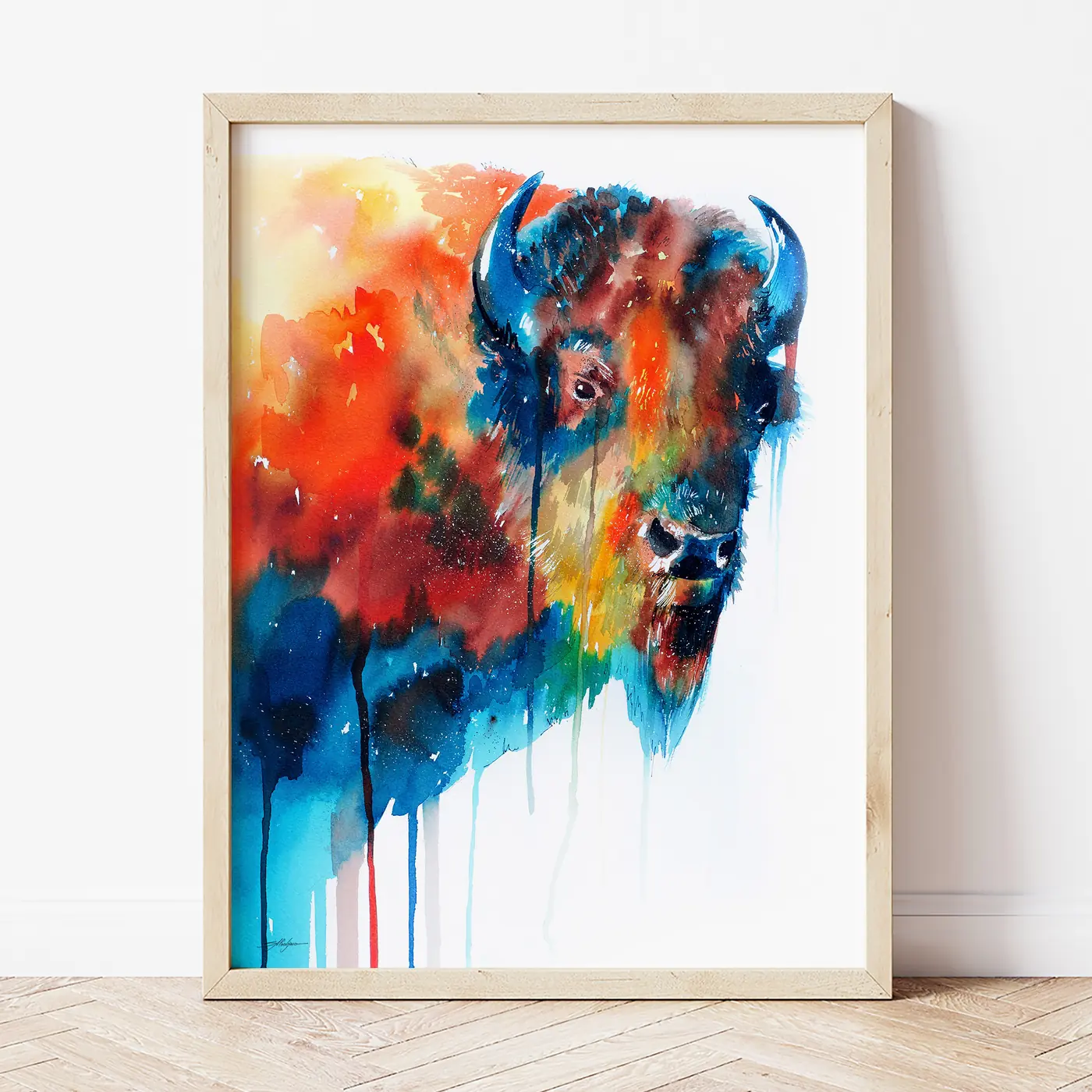 Art print with a watercolour bison in orange print