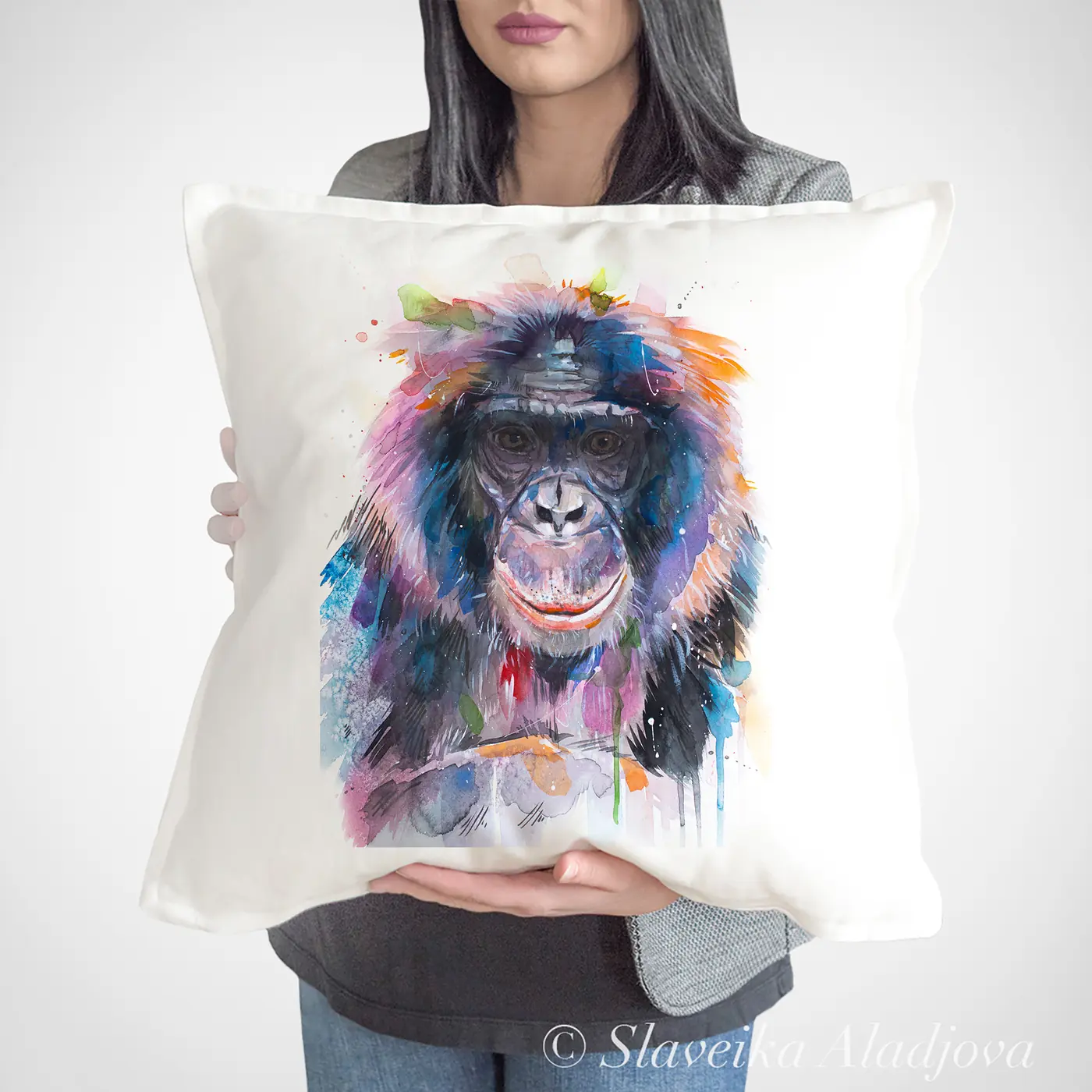 Cushion with a watercolour bonobo print