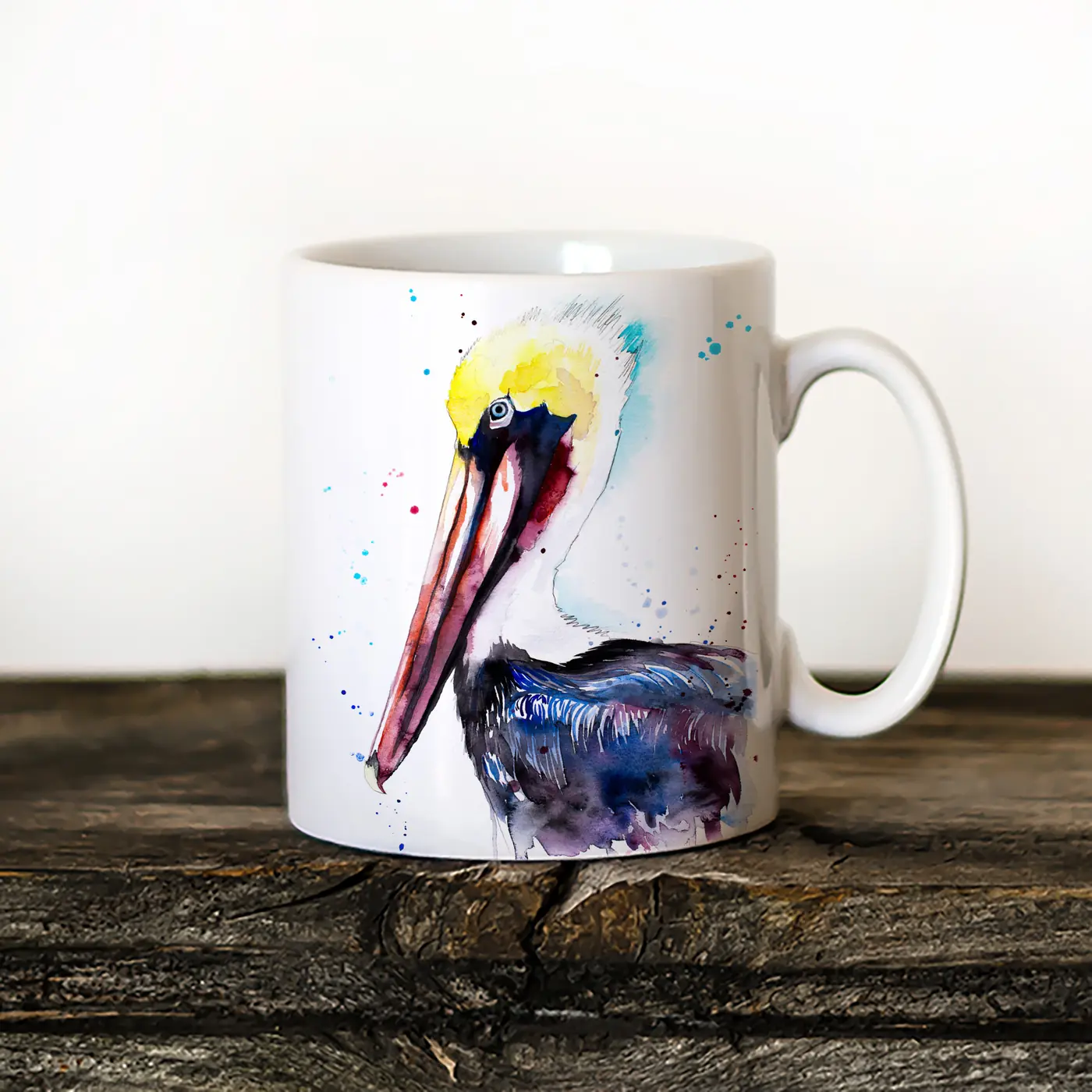 Ceramic mug with a watercolour brown pelican print