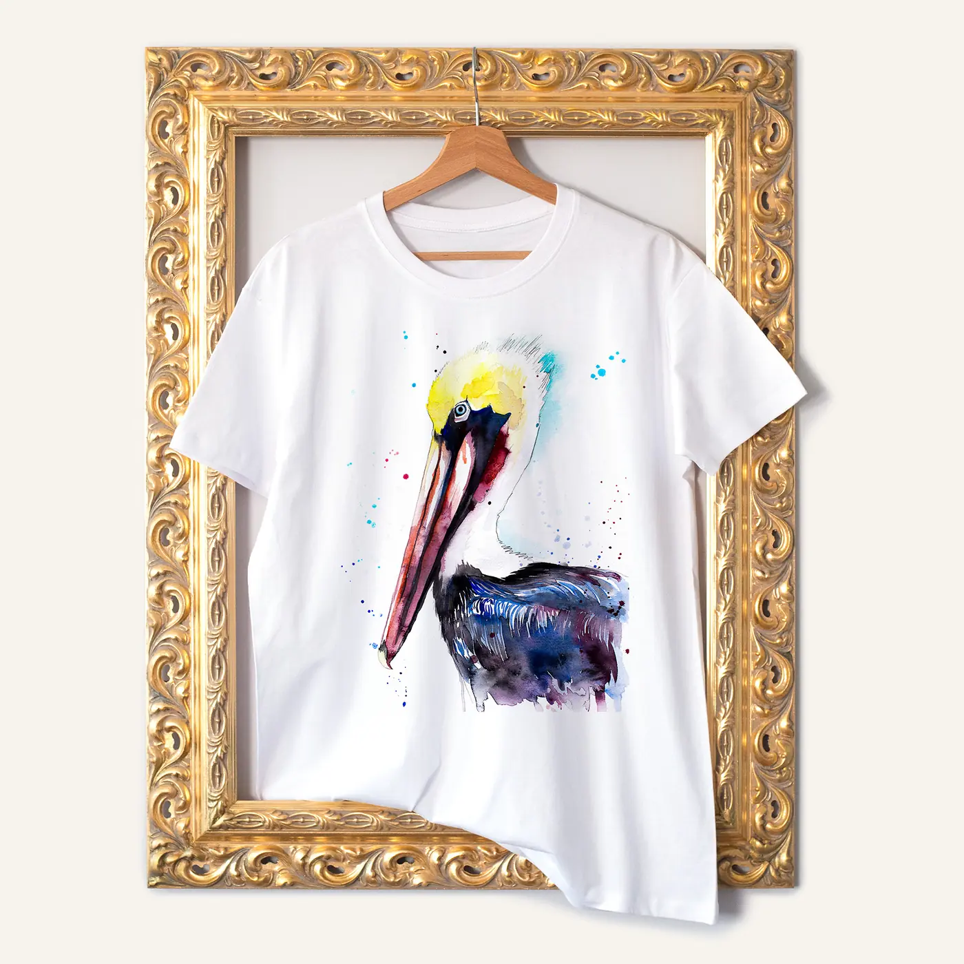 White t-shirt with a watercolour brown pelican print