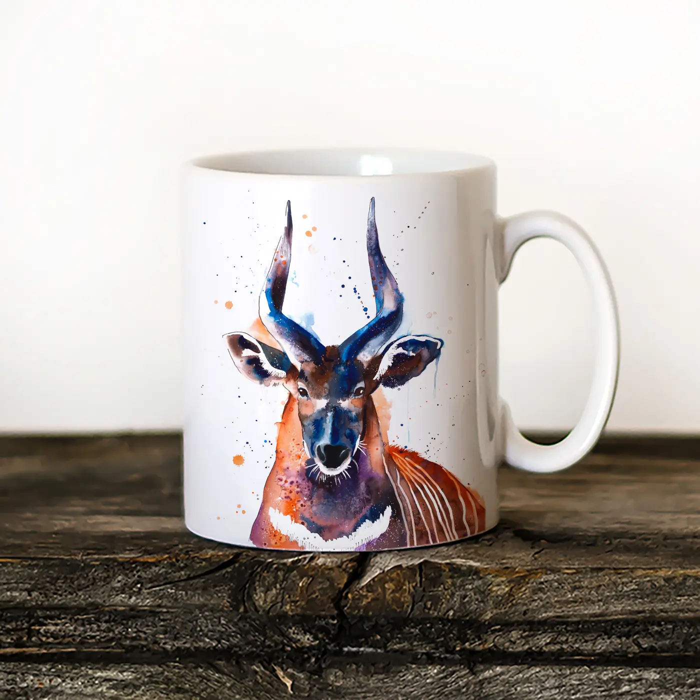 Ceramic mug with a watercolour bongo antelope print