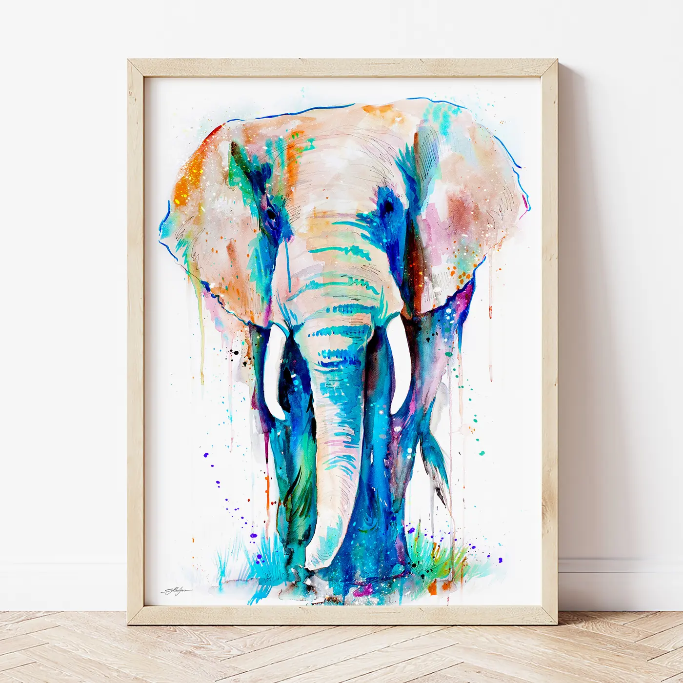 Art print with a watercolour african elephant print