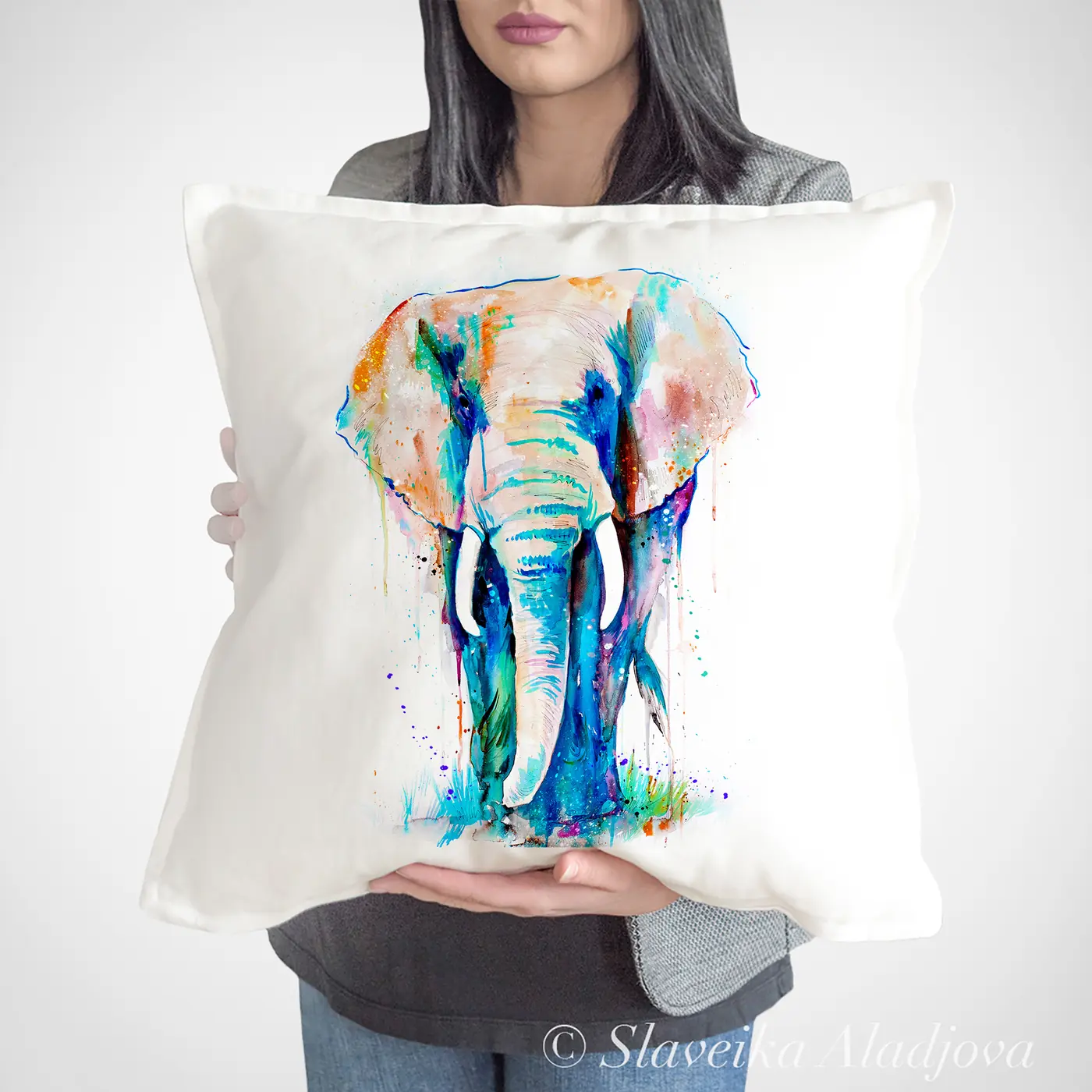Cushion with a watercolour african elephant print