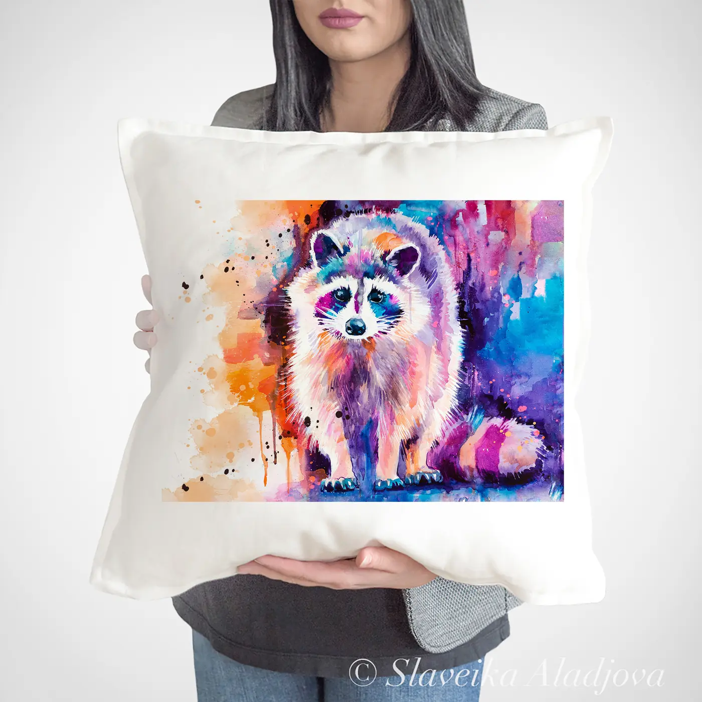 Cushion with a watercolour elephant in colour print