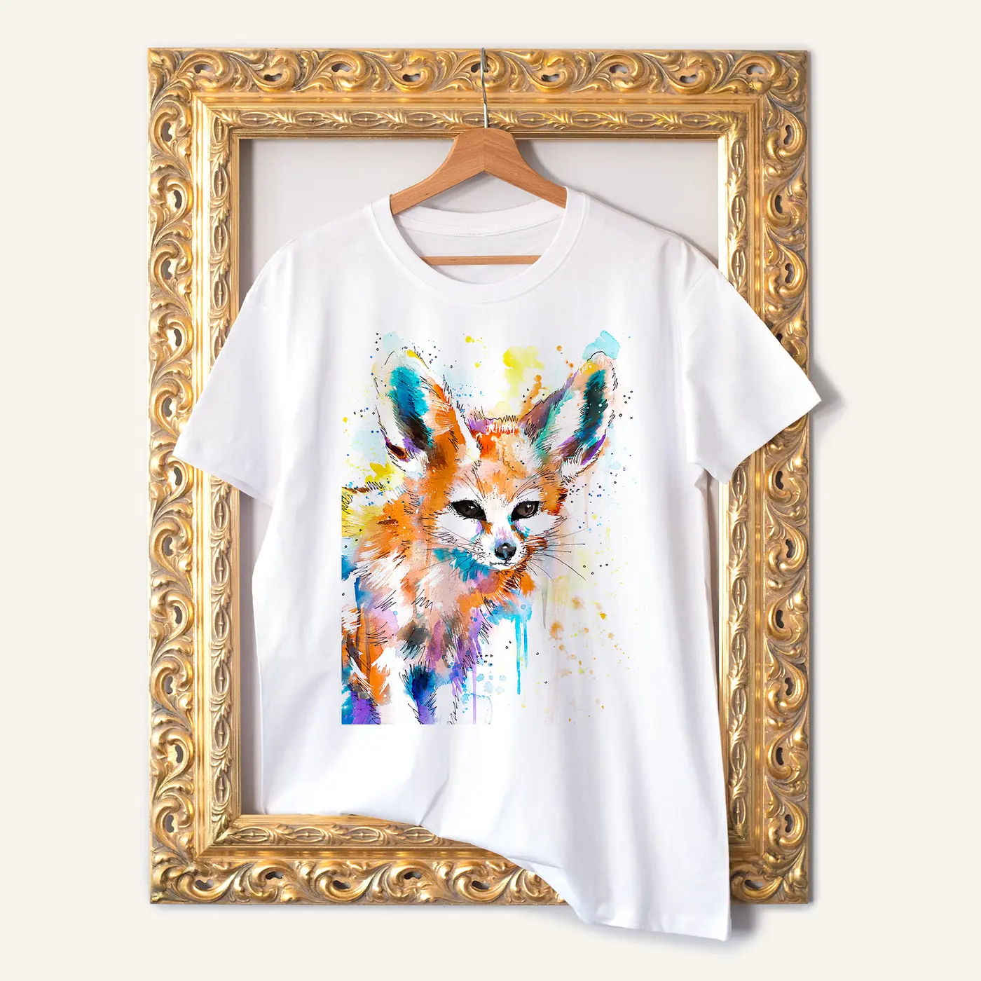 White t-shirt with a watercolour fennec fox print
