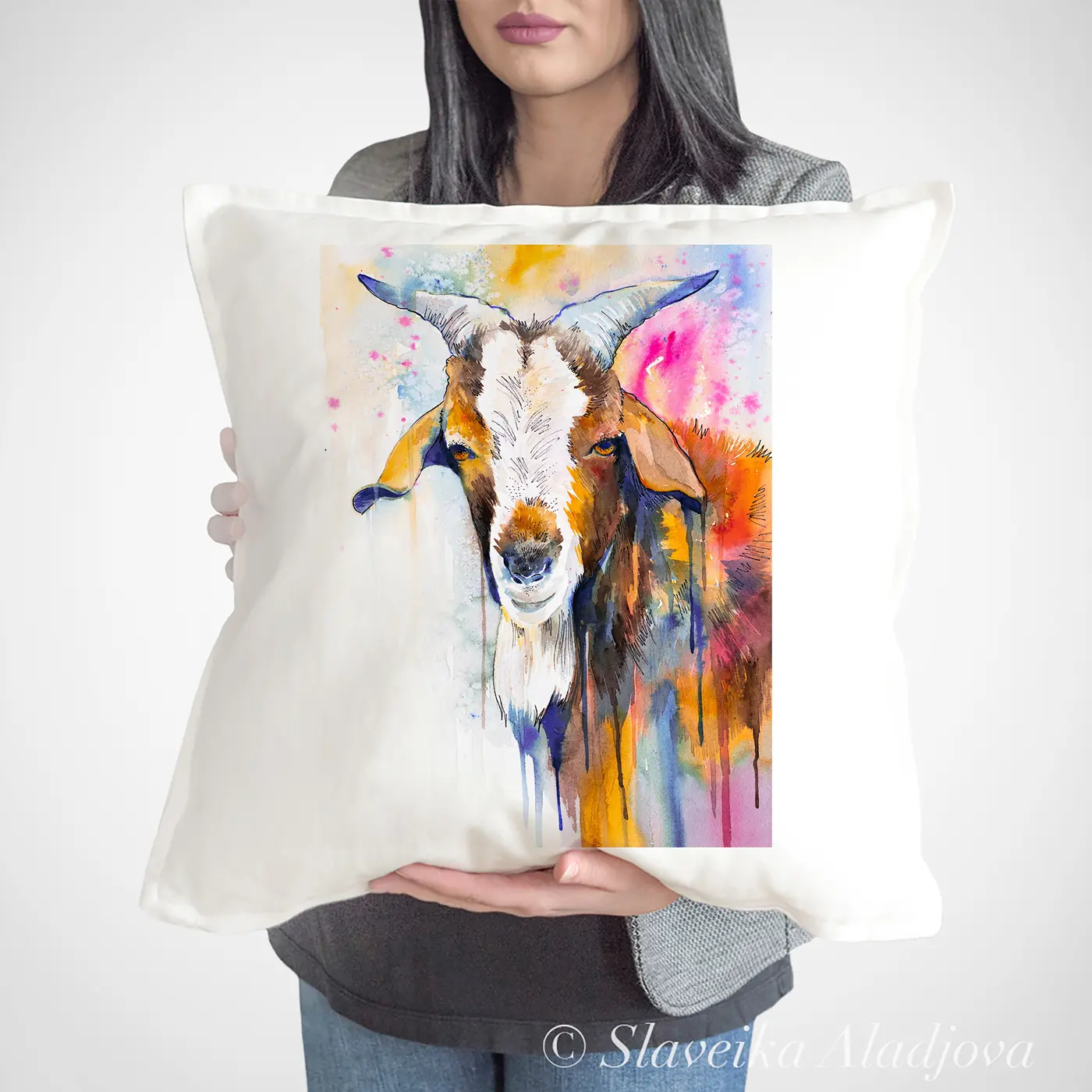 Cushion with a watercolour goat print