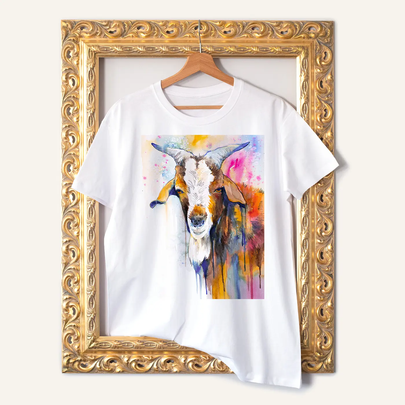 White t-shirt with a watercolour goat print