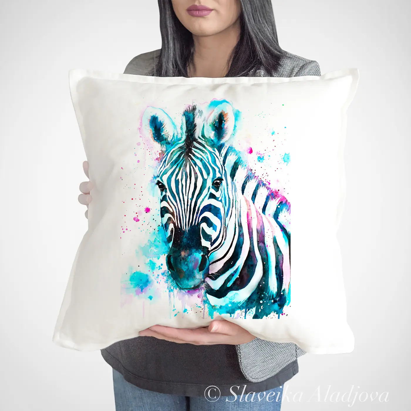 Cushion with a watercolour zebra print