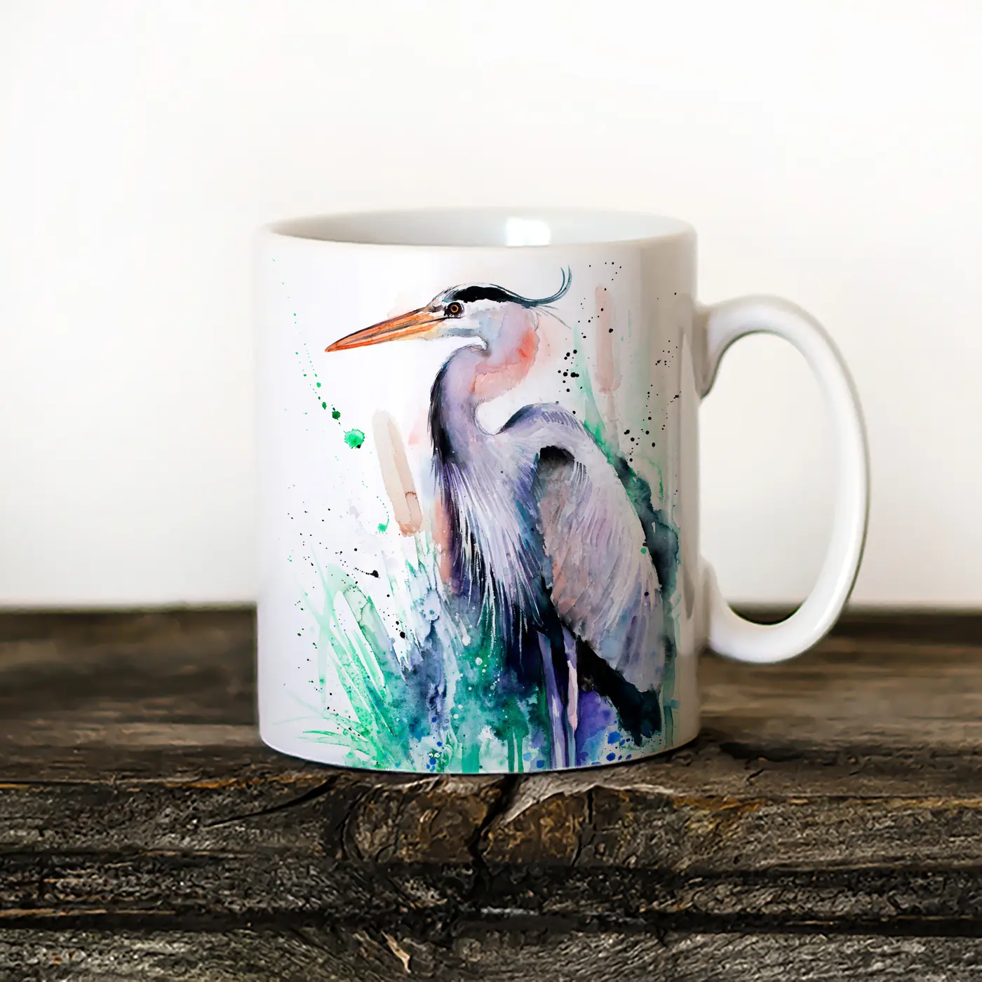 Ceramic mug with a watercolour great blue heron print