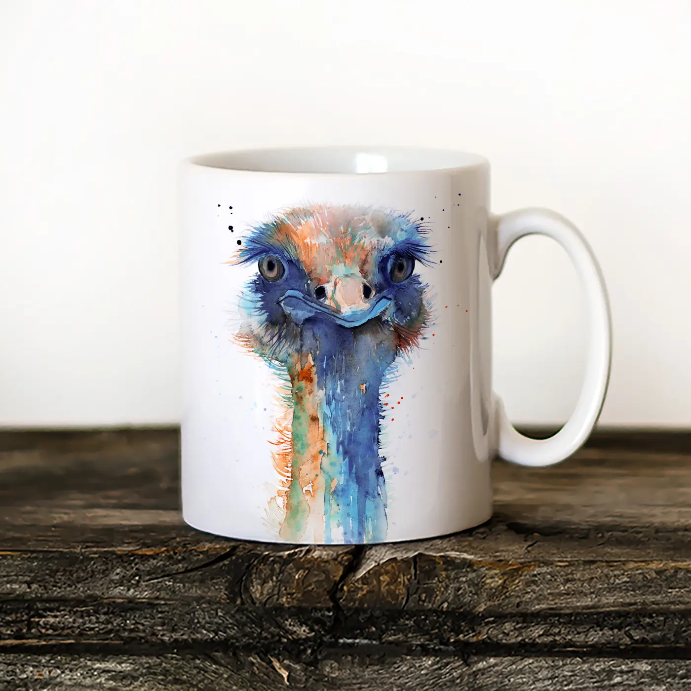 Ceramic mug with a watercolour ostrich print