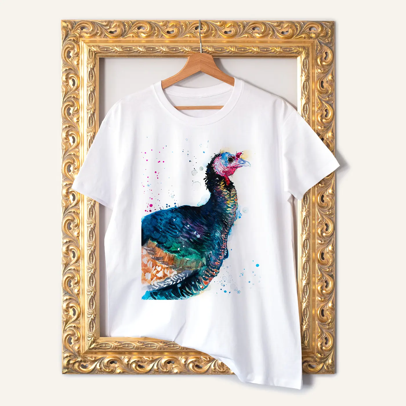 White t-shirt with a watercolour turkey print
