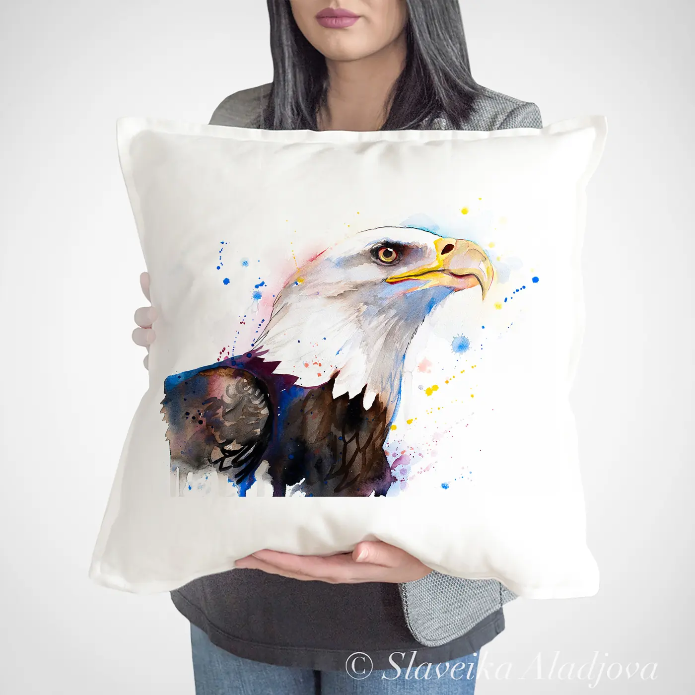 Cushion with a watercolour bald eagle head print