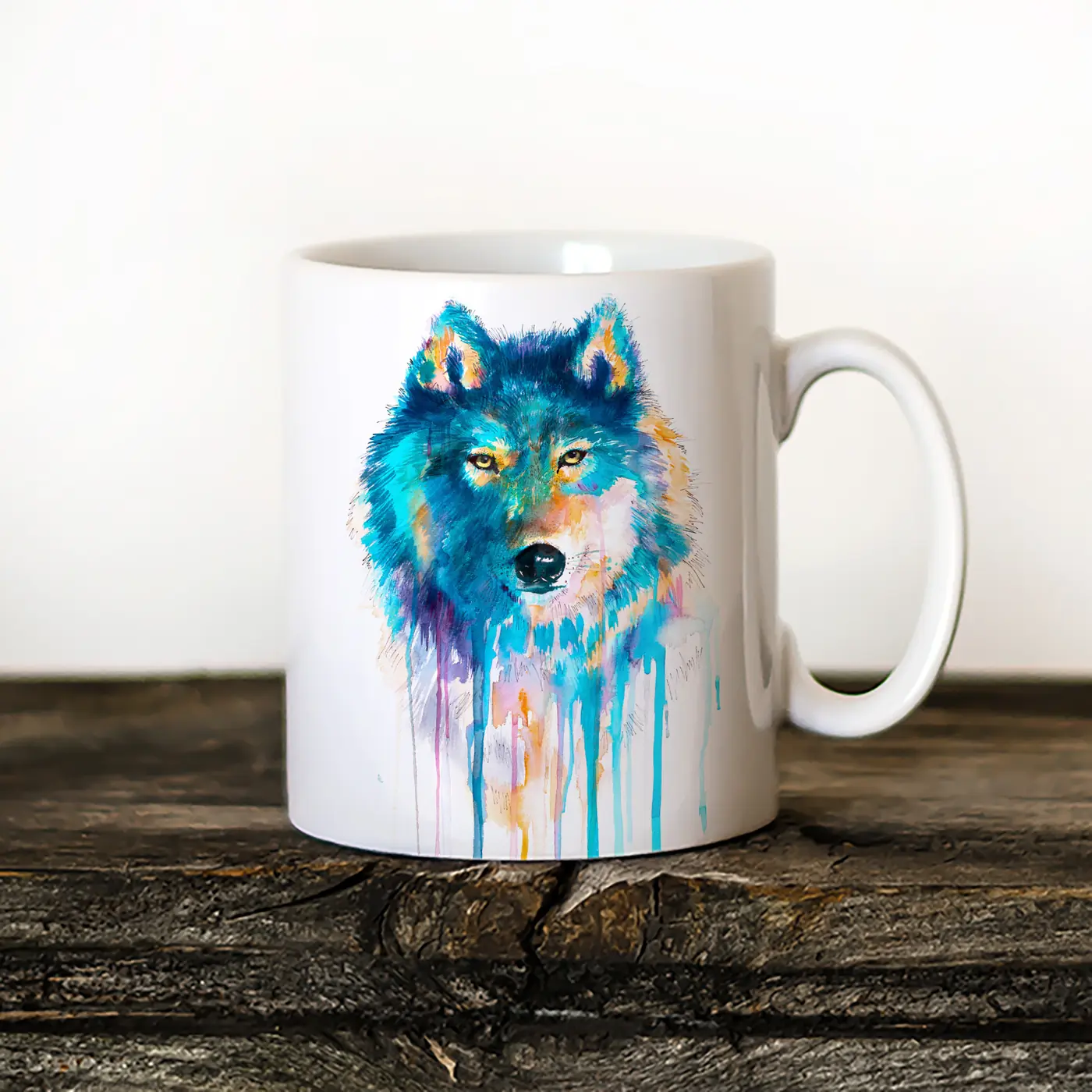 Ceramic mug with a watercolour blue wolf print