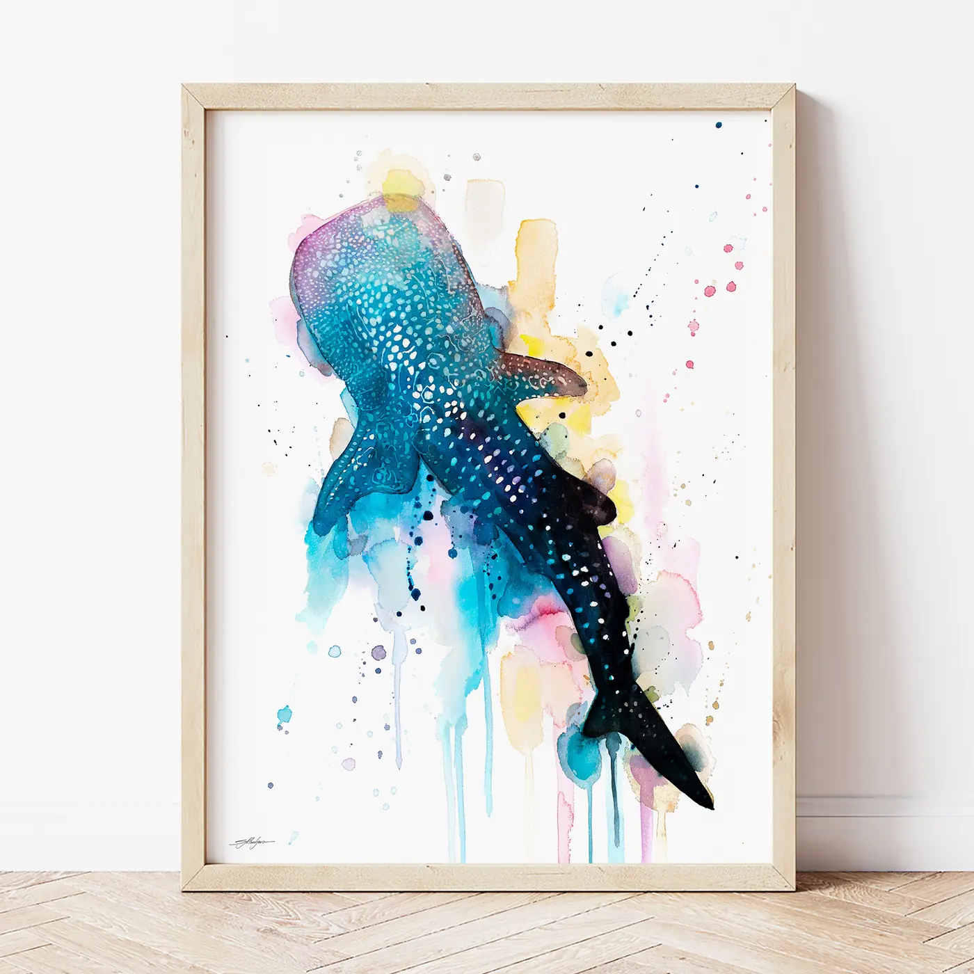 Art print with a watercolour whale shark print