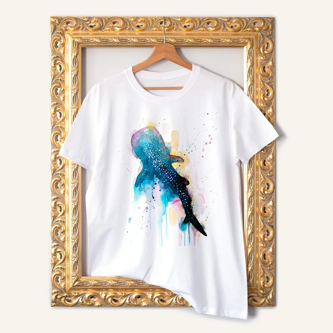 White t-shirt with a watercolour whale shark print