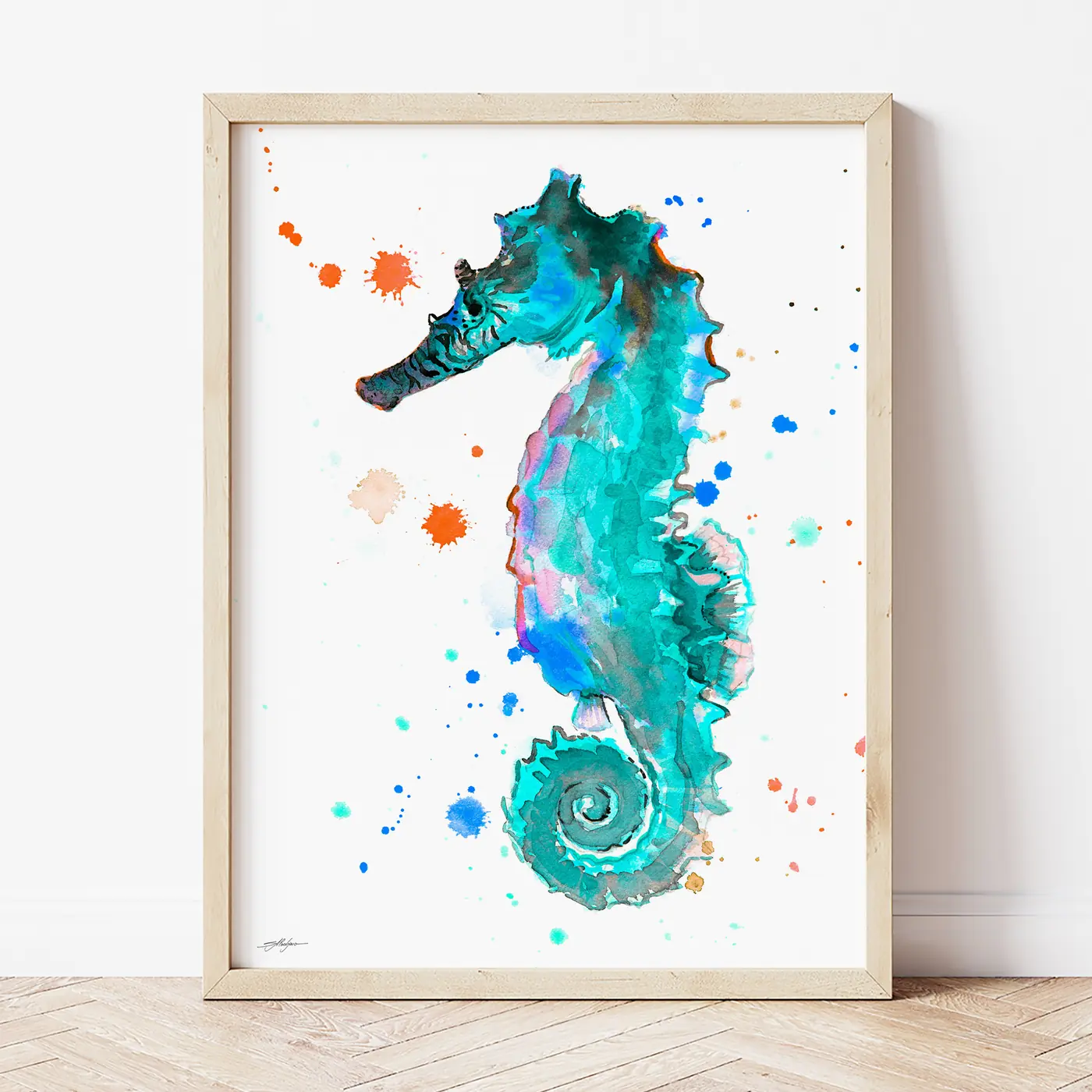 Art print with a watercolour seahorse print