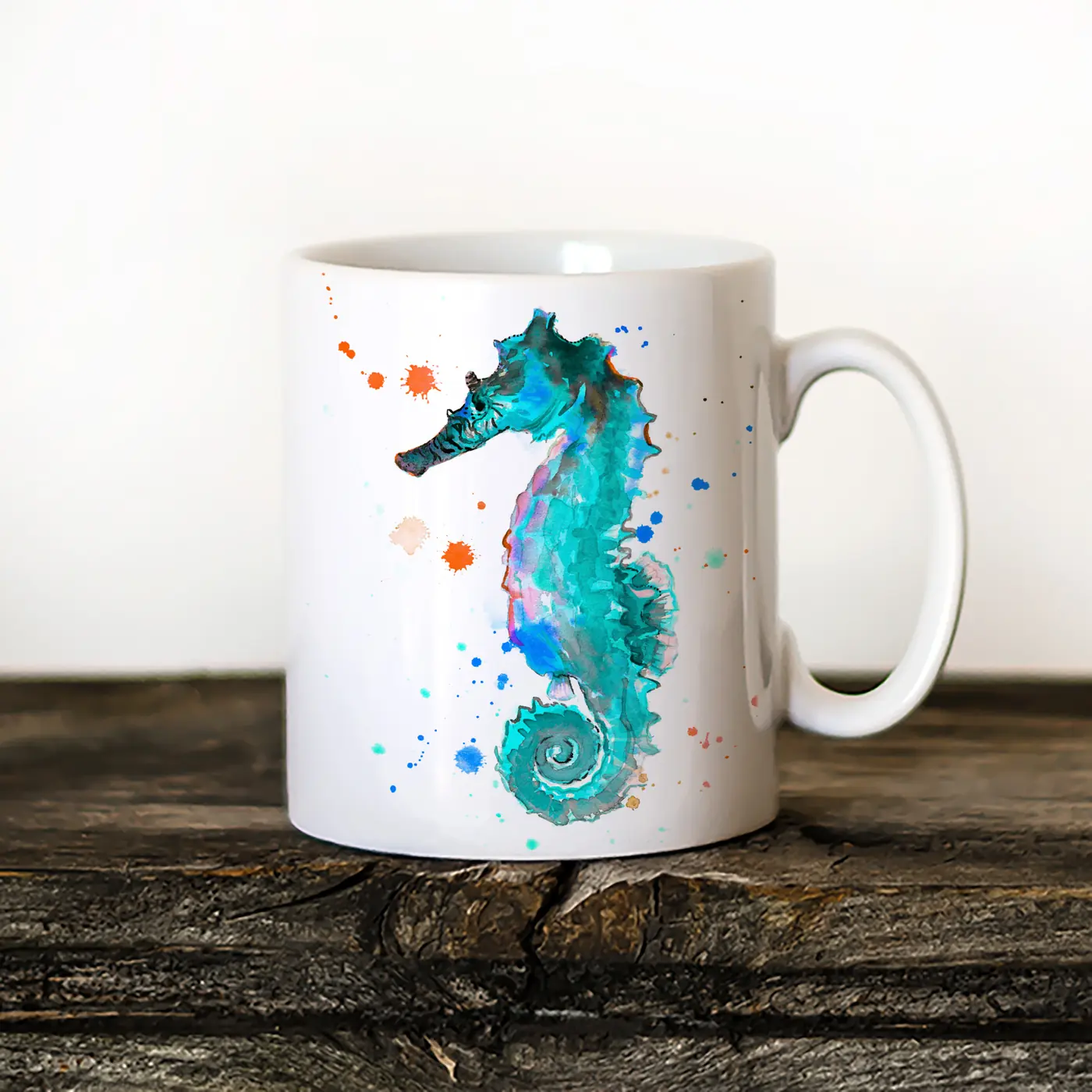 Ceramic mug with a watercolour seahorse print