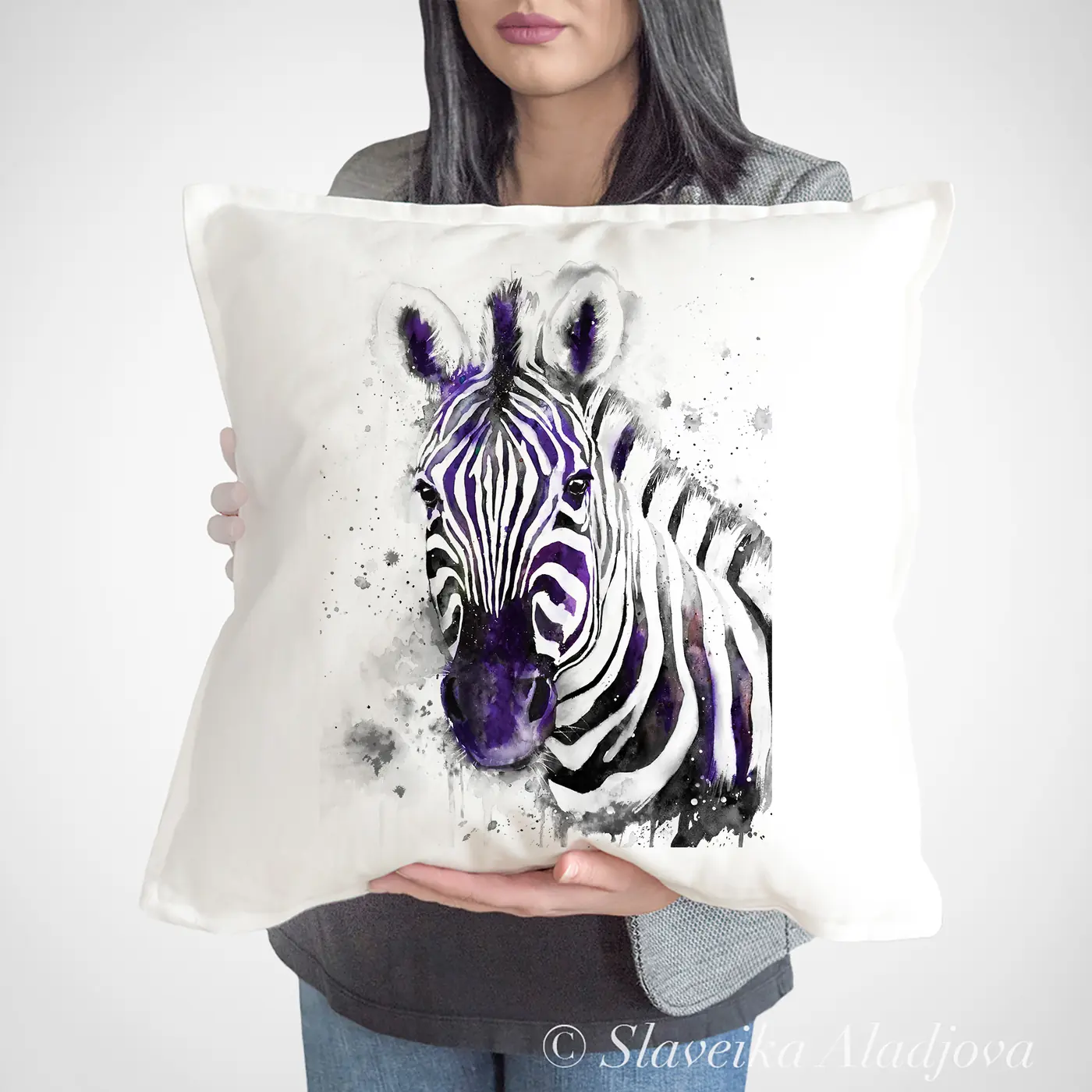 Cushion with a watercolour zebra close-up print