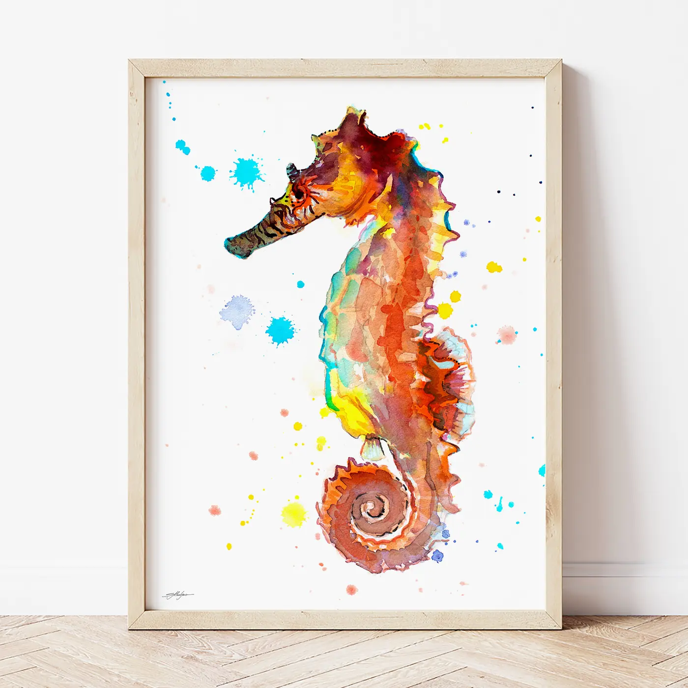 Art print with a watercolour seahorse print