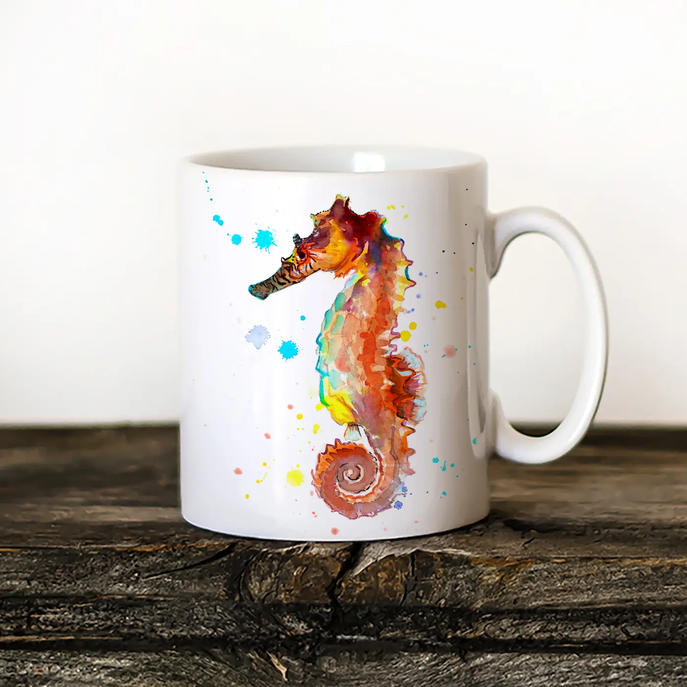 Ceramic mug with a watercolour seahorse print