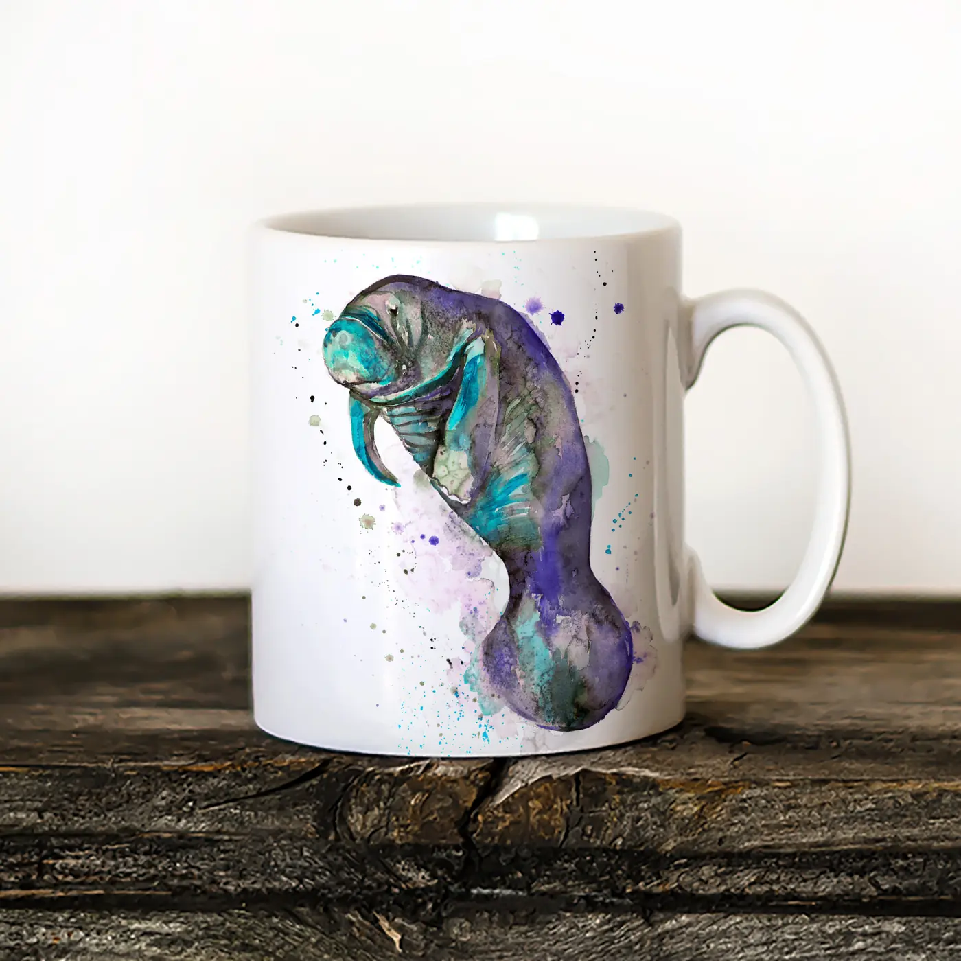 Ceramic mug with a watercolour manatee print