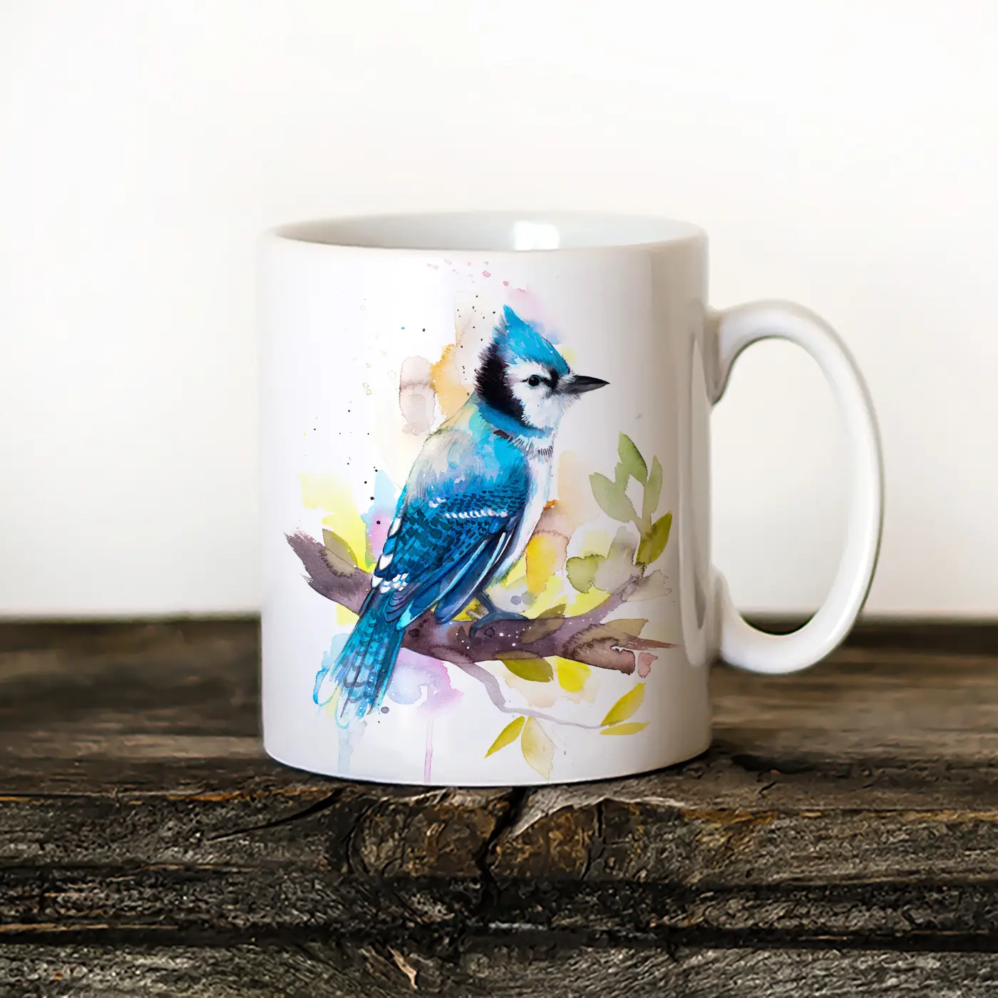 Ceramic mug with a watercolour blue jay print
