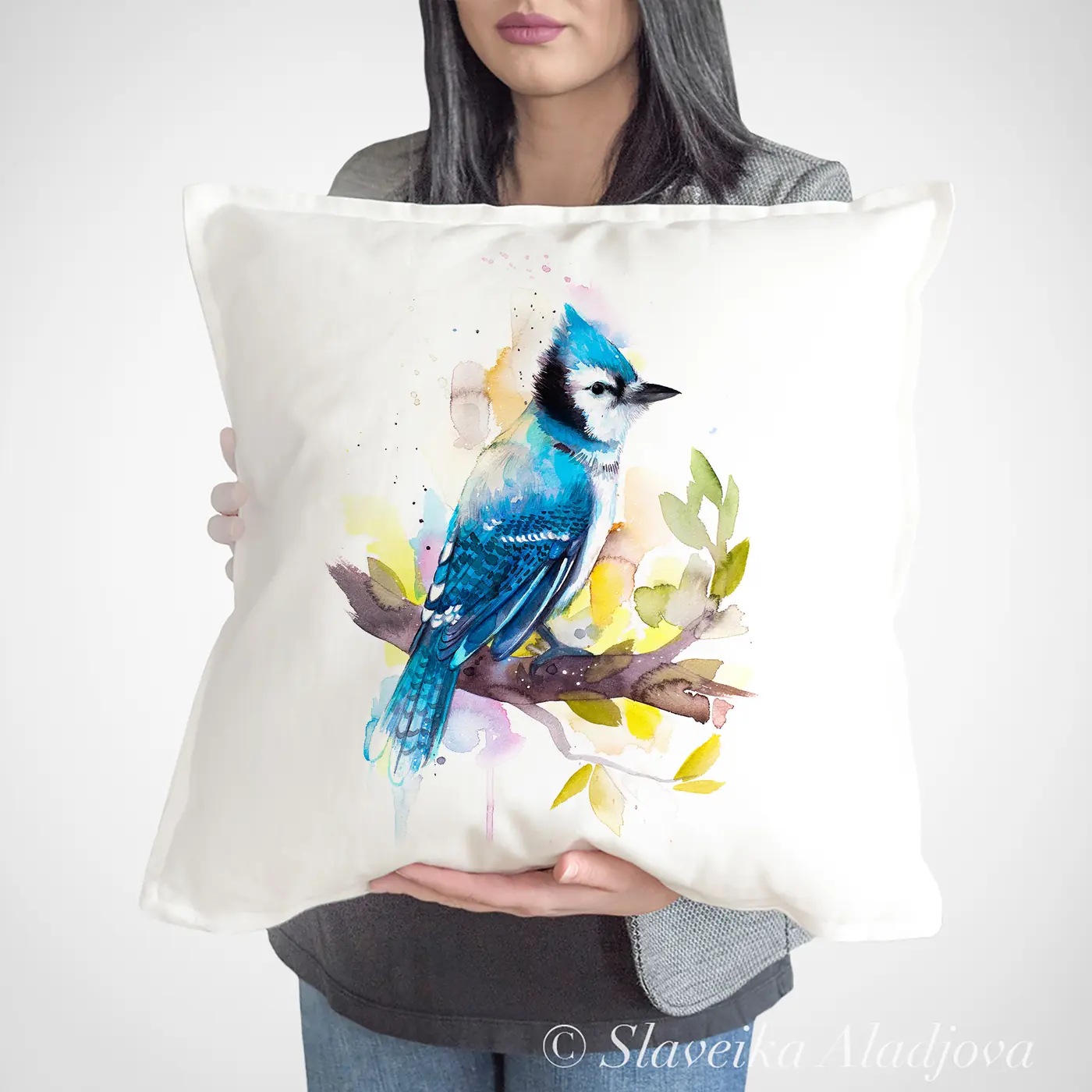 Cushion with a watercolour blue jay print