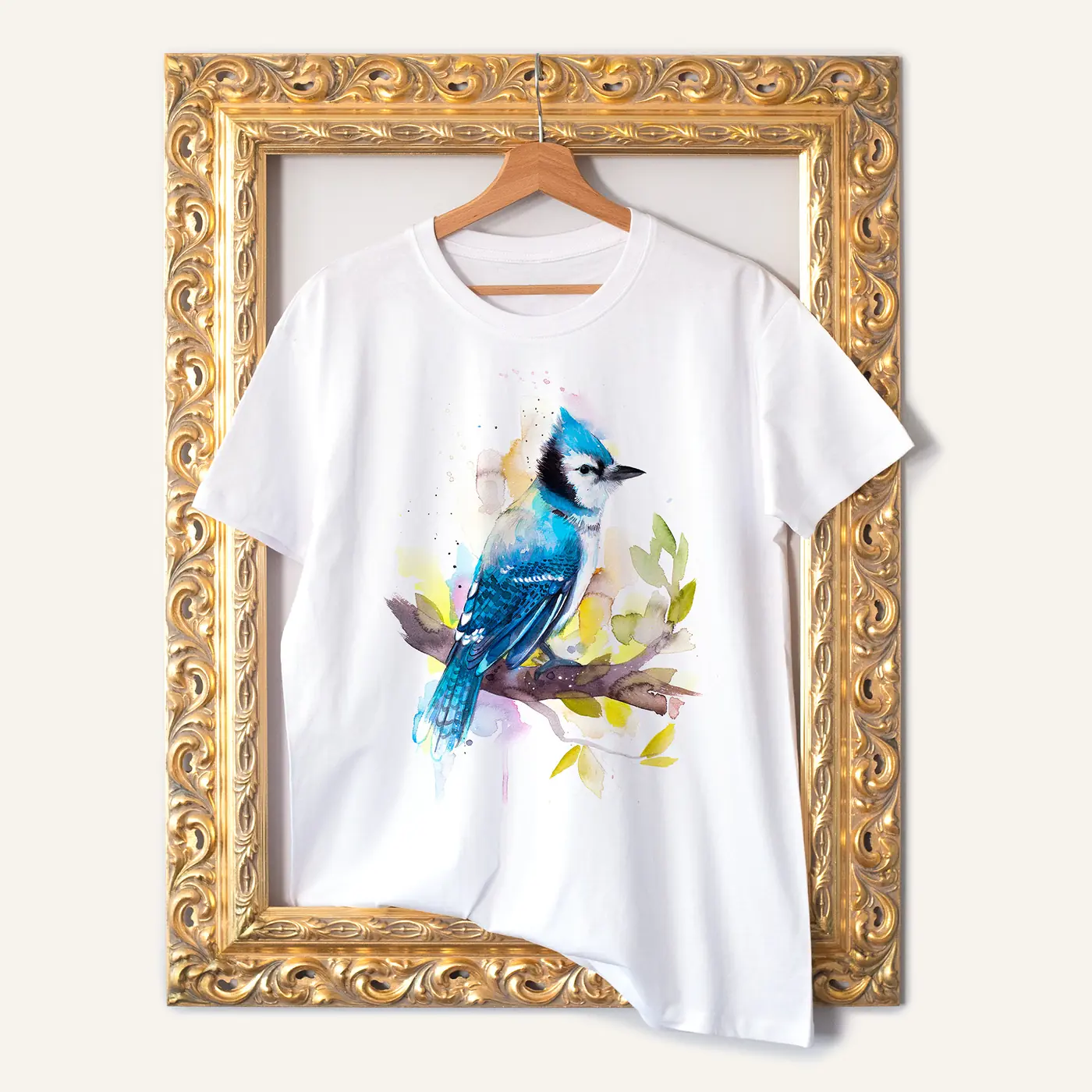 White t-shirt with a watercolour blue jay print