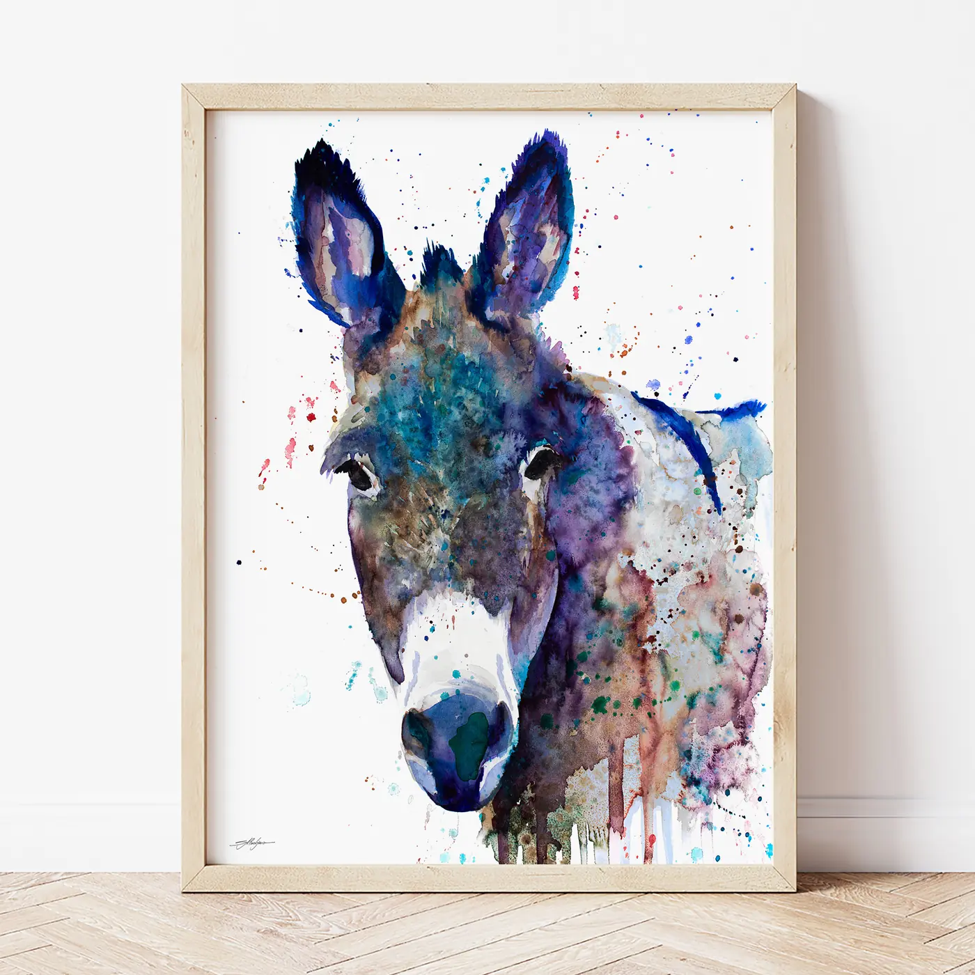 Art print with a watercolour grey donkey print