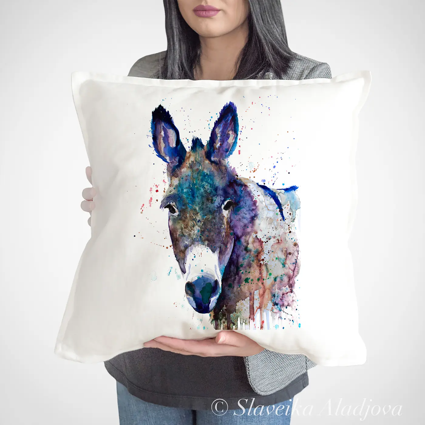 Cushion with a watercolour grey donkey print