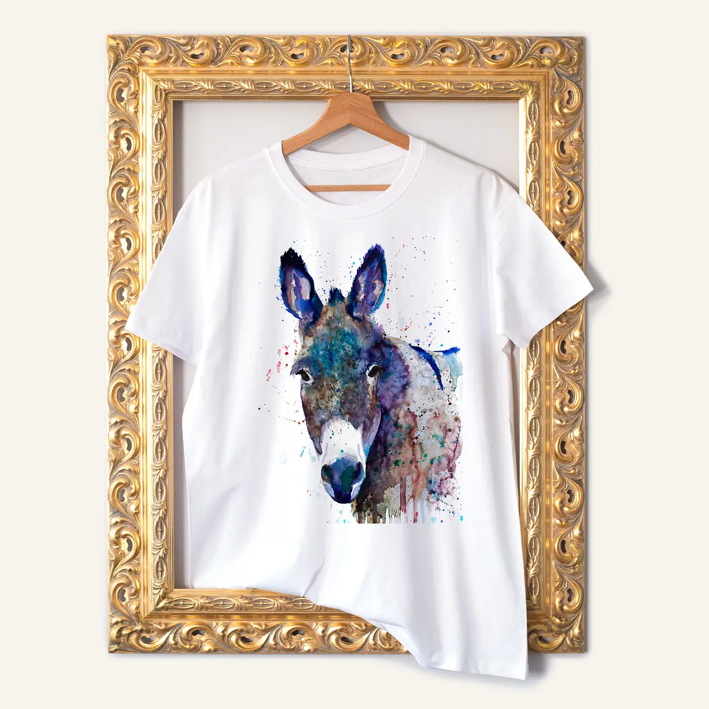 White t-shirt with a watercolour grey donkey print
