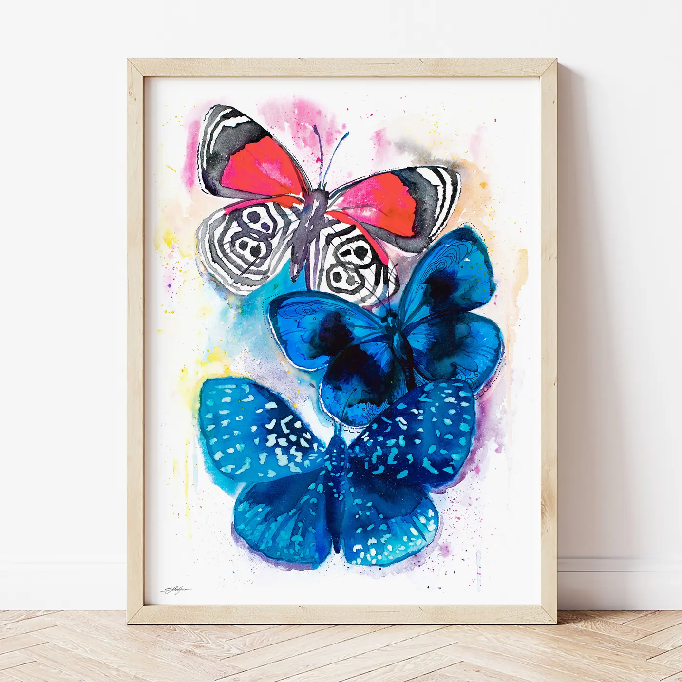 Art print with a watercolour blue butterflies print