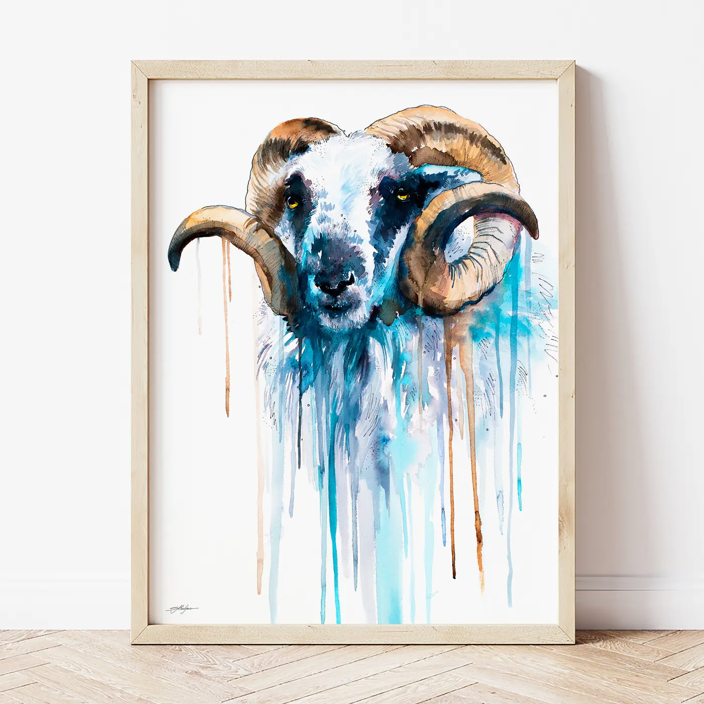 Art print with a watercolour ram with curled horns print