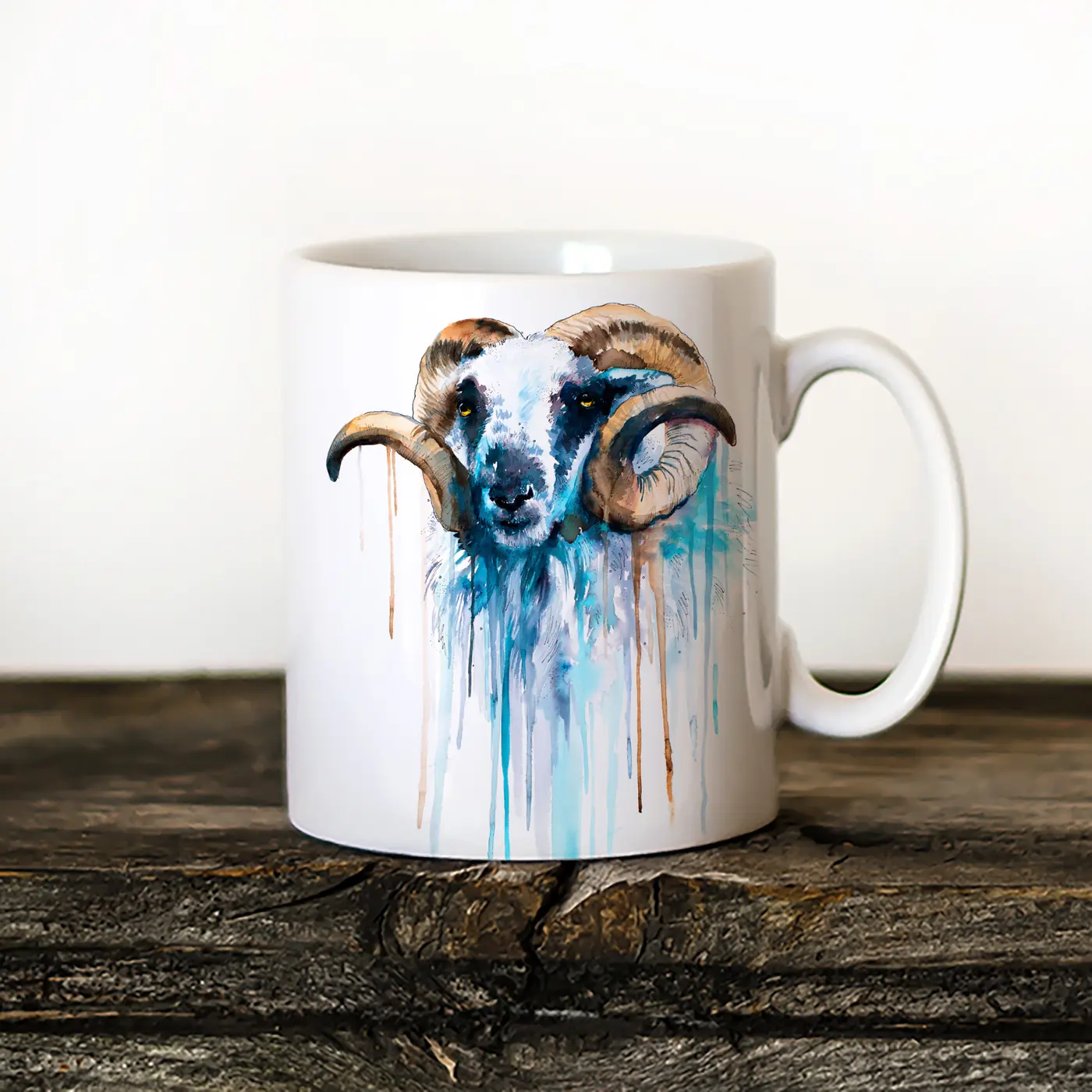 Ceramic mug with a watercolour ram with curled horns print