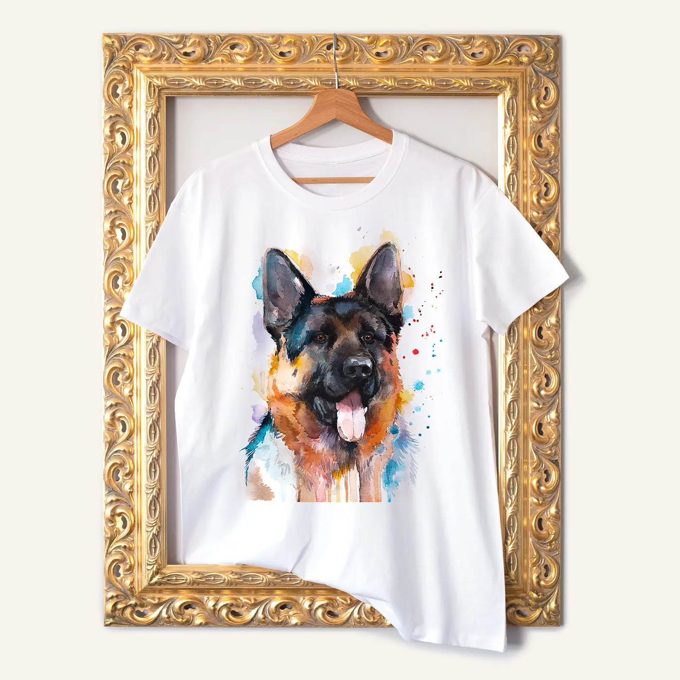 White t-shirt with a watercolour german shepherd print