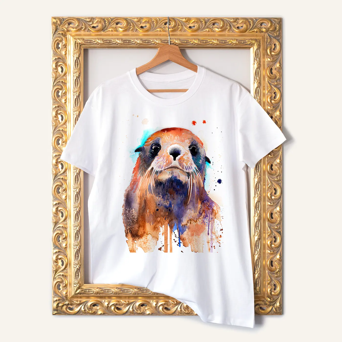 White t-shirt with a watercolour seal pup print