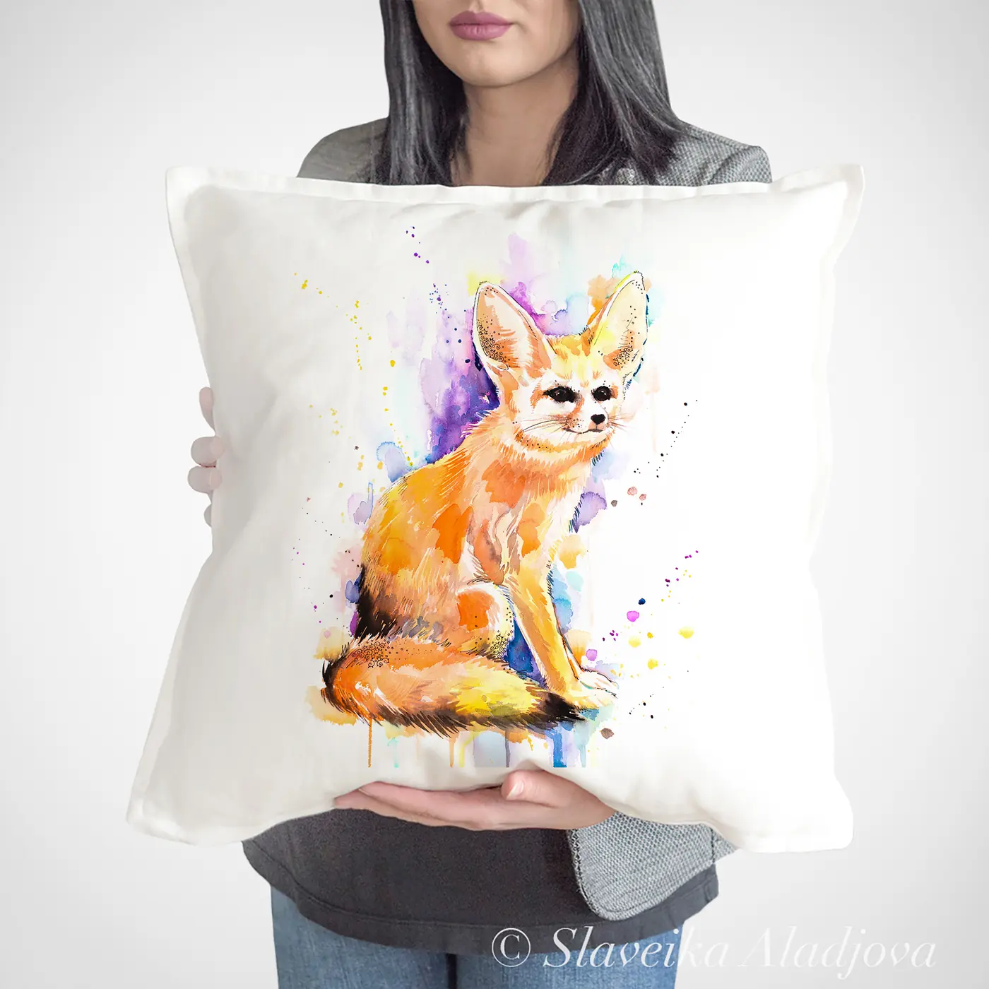 Cushion with a watercolour fennec fox print