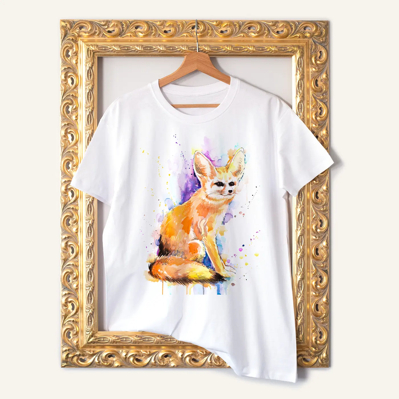 White t-shirt with a watercolour fennec fox print