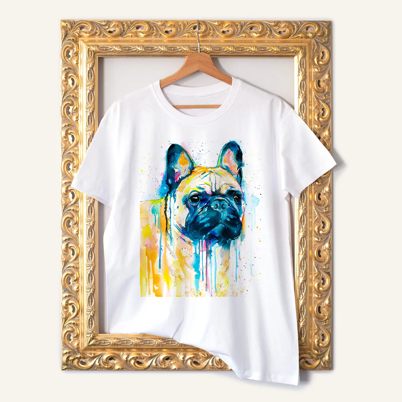 White t-shirt with a watercolour french bulldog print