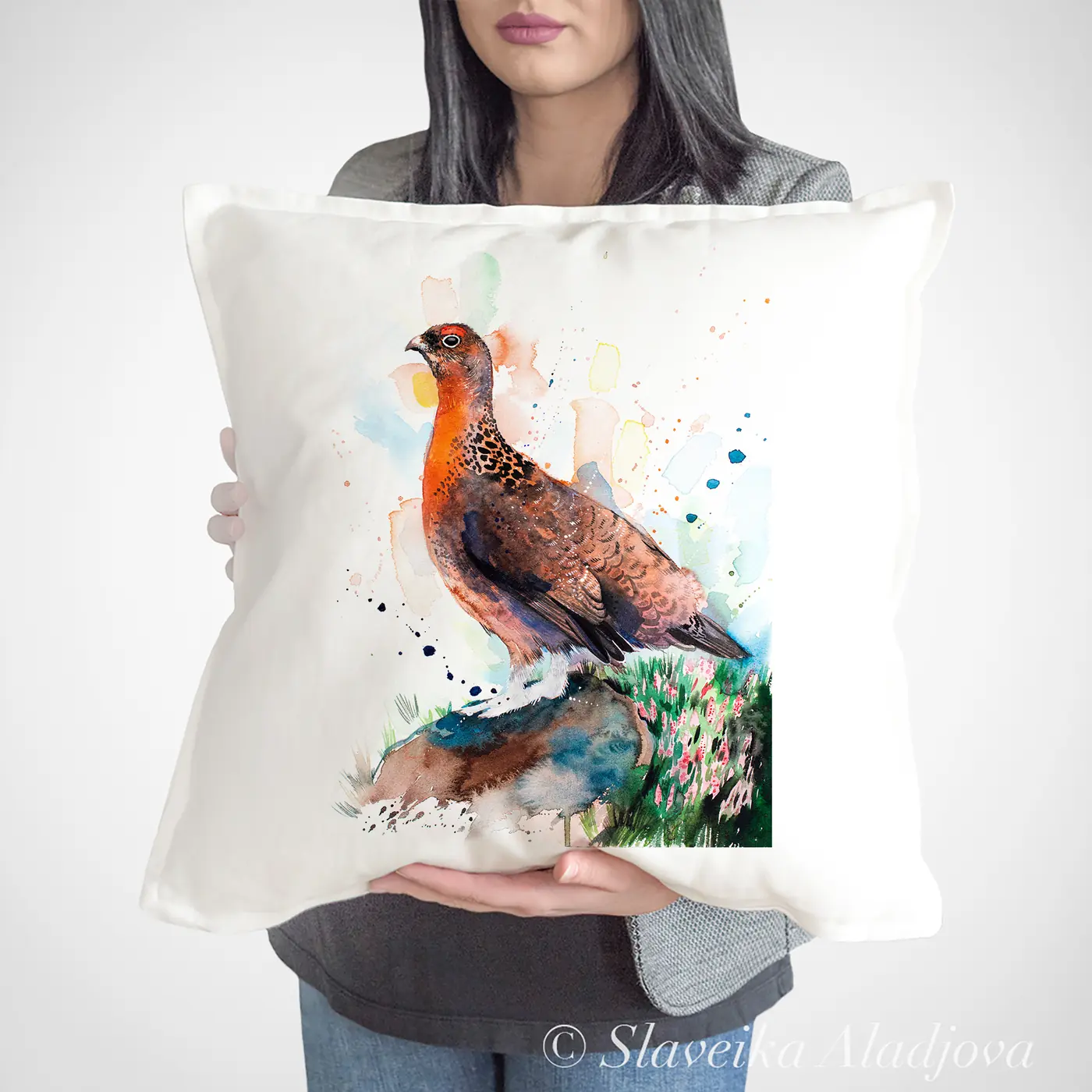 Cushion with a watercolour black grouse print